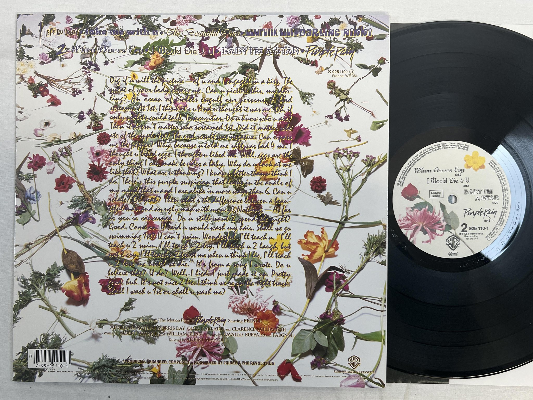 Omslagsbild för skivan PRINCE purple rain LP -84 Ger WARNER BROS 925 110-1 ** POSTER **