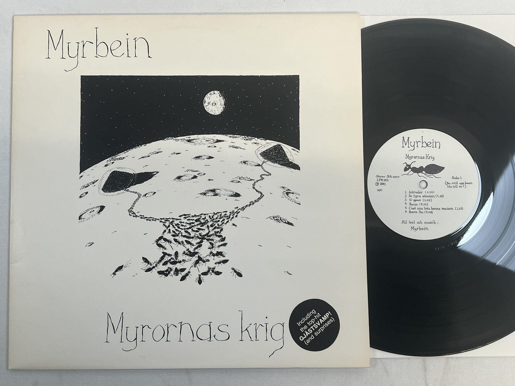 Omslagsbild för skivan MYRBEIN myrornas krig LP -81 LJDSKYDDSFÖRENINGEN LFM 001 avantgarde / prog