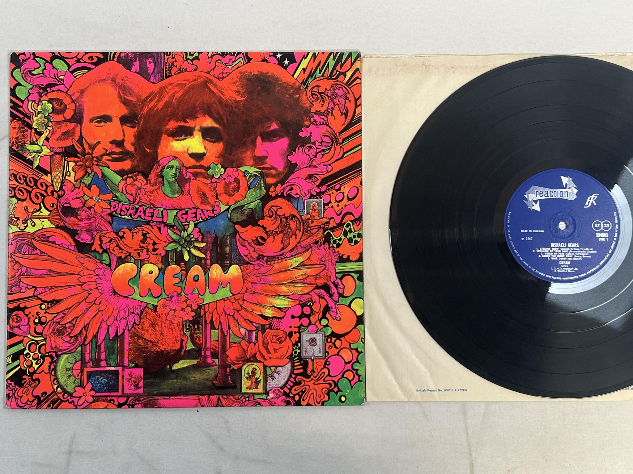 Omslagsbild för skivan CREAM disraeli gears LP -67 UK REACTION 594003 ** fully laminated sleeve **