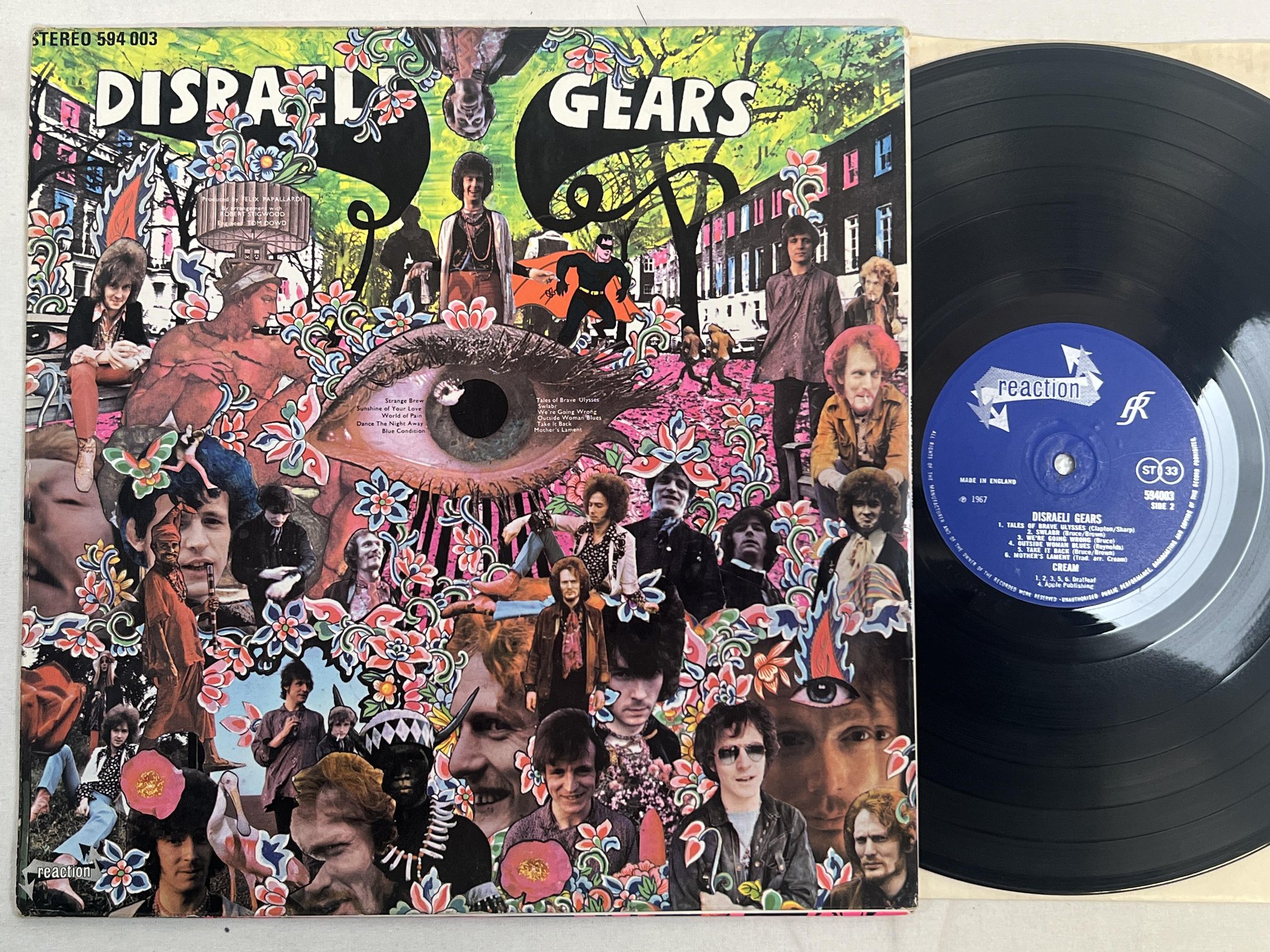 Omslagsbild för skivan CREAM disraeli gears LP -67 UK REACTION 594003 ** fully laminated sleeve **