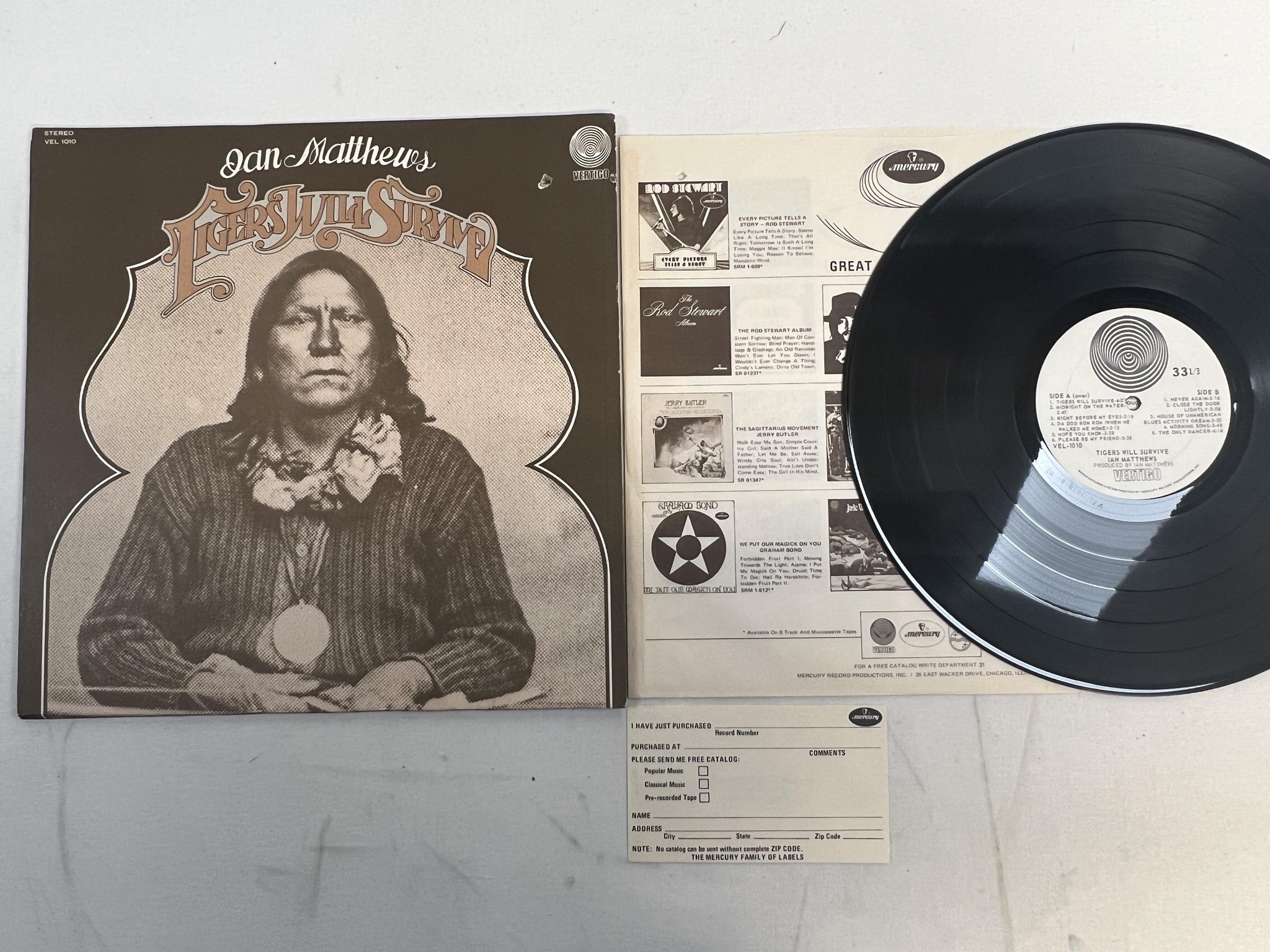 Omslagsbild för skivan IAN MATTHEWS Tigers Will Survive LP -72 US VERTIGO swirl VEL 1010