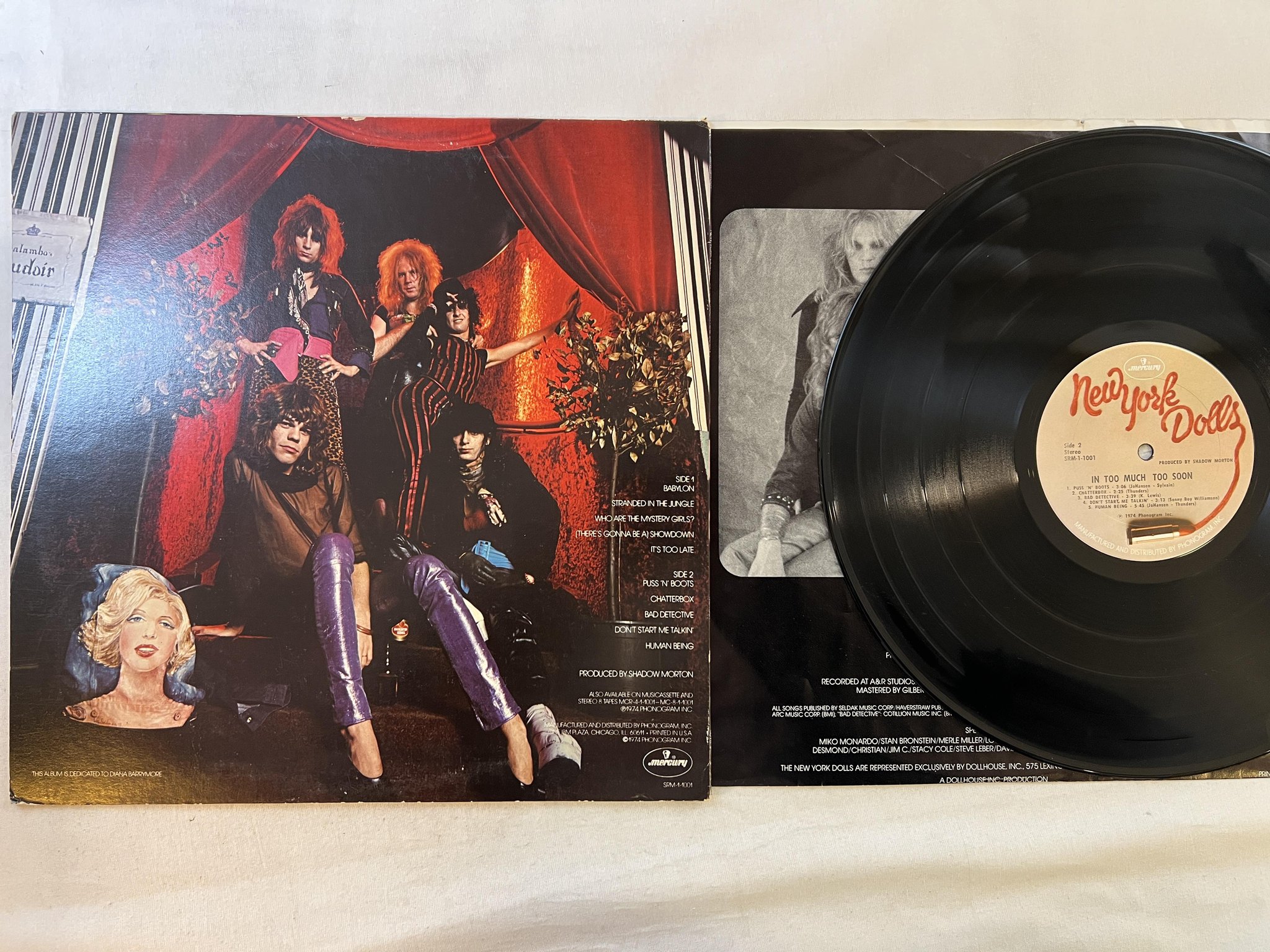Omslagsbild för skivan NEW YORK DOLLS in too much too soon LP -74 US MERCURY SRM-1-1001