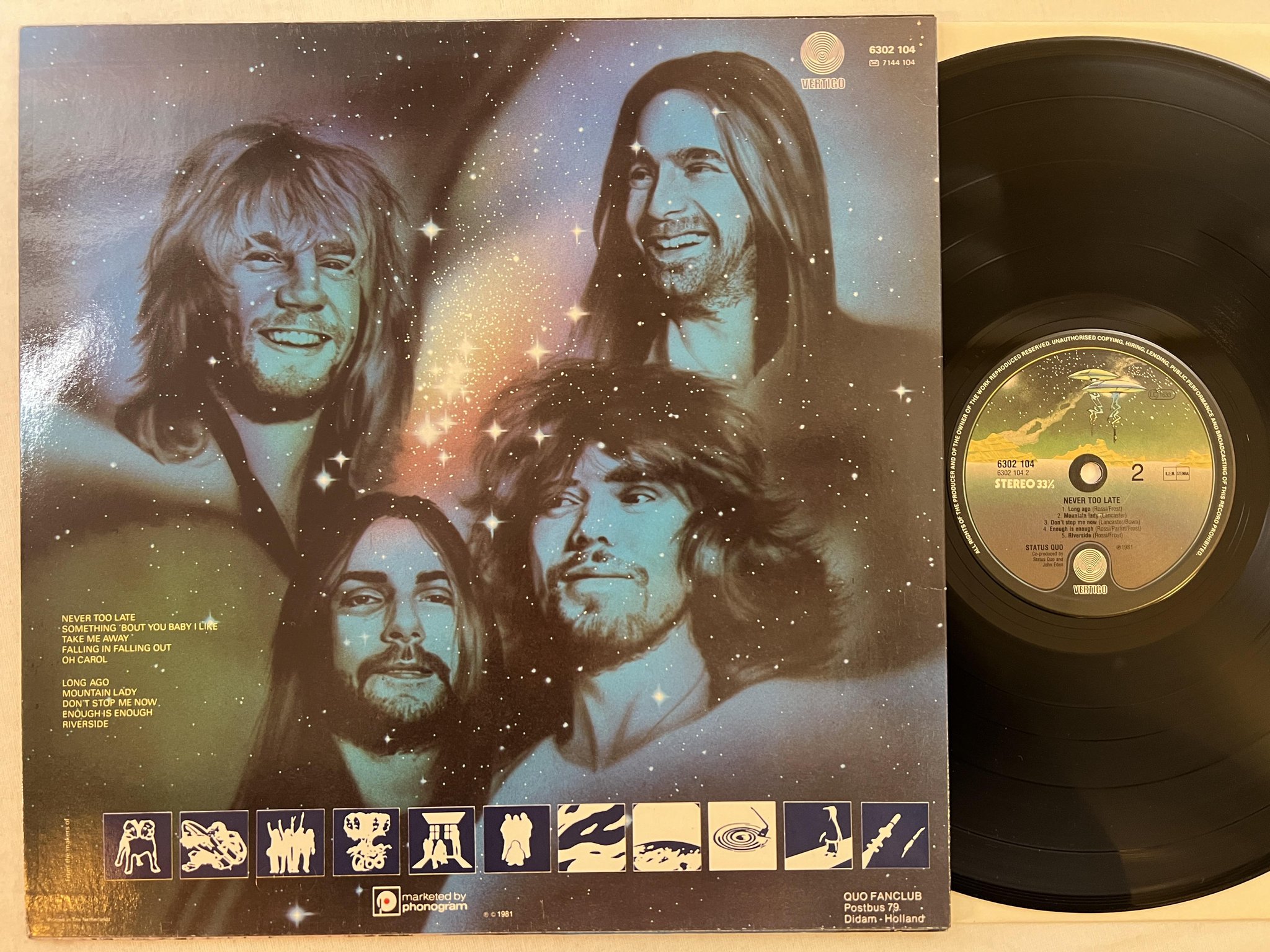 Omslagsbild för skivan STATUS QUO never too late LP -81 Hol VERTIGO 6302 104
