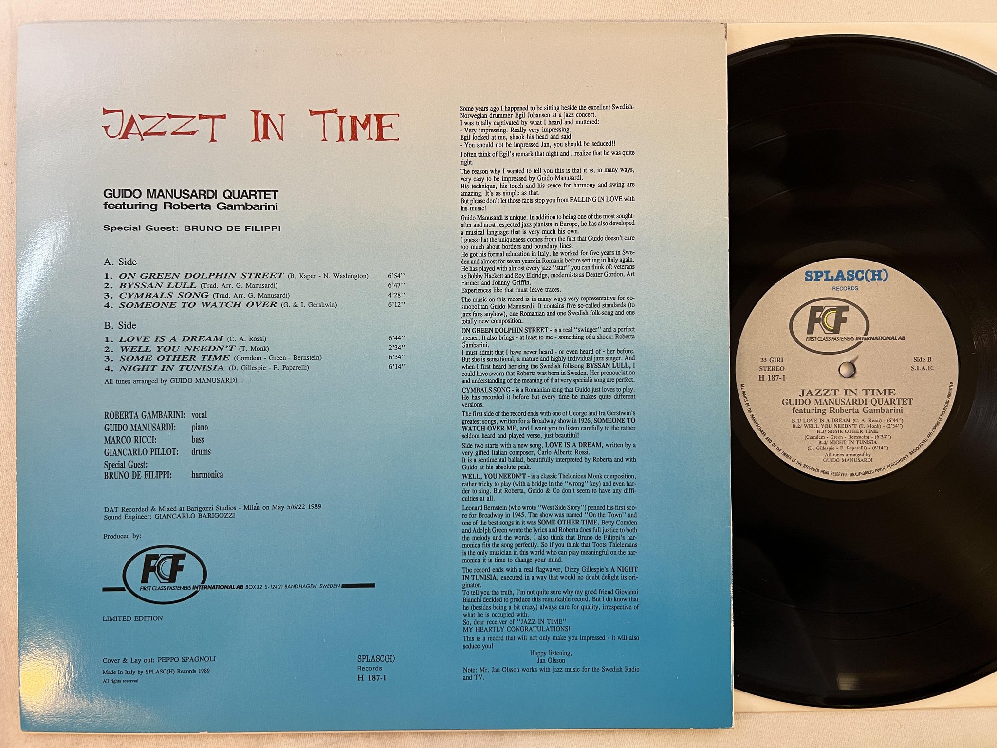Omslagsbild för skivan GUIDO MANUSARDI QUARTET jazzt in time LP -89 Ita SPLASC(H) H 187-1