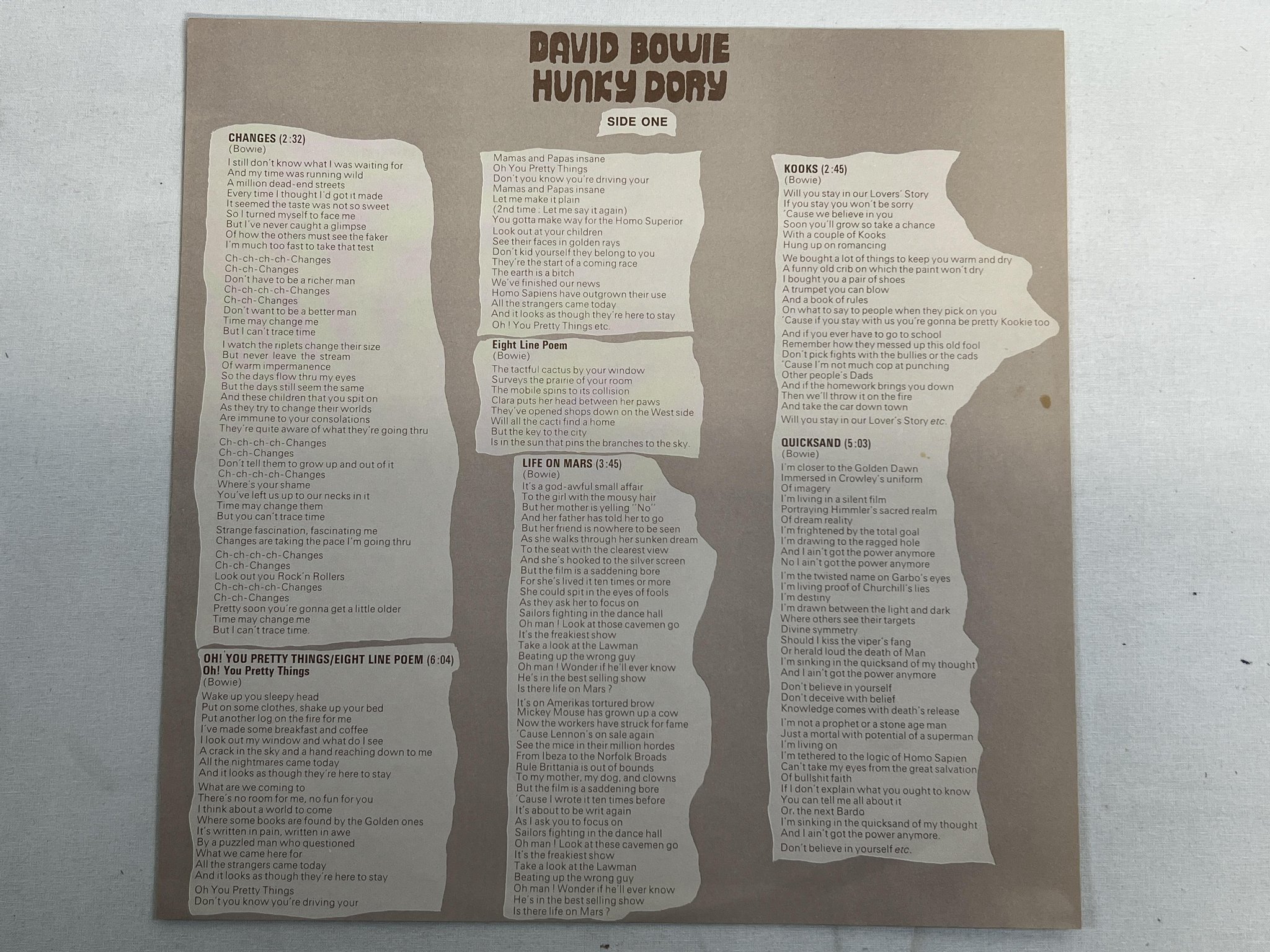 Omslagsbild för skivan DAVID BOWIE hunky dory LP -71 UK RCA SF 8244