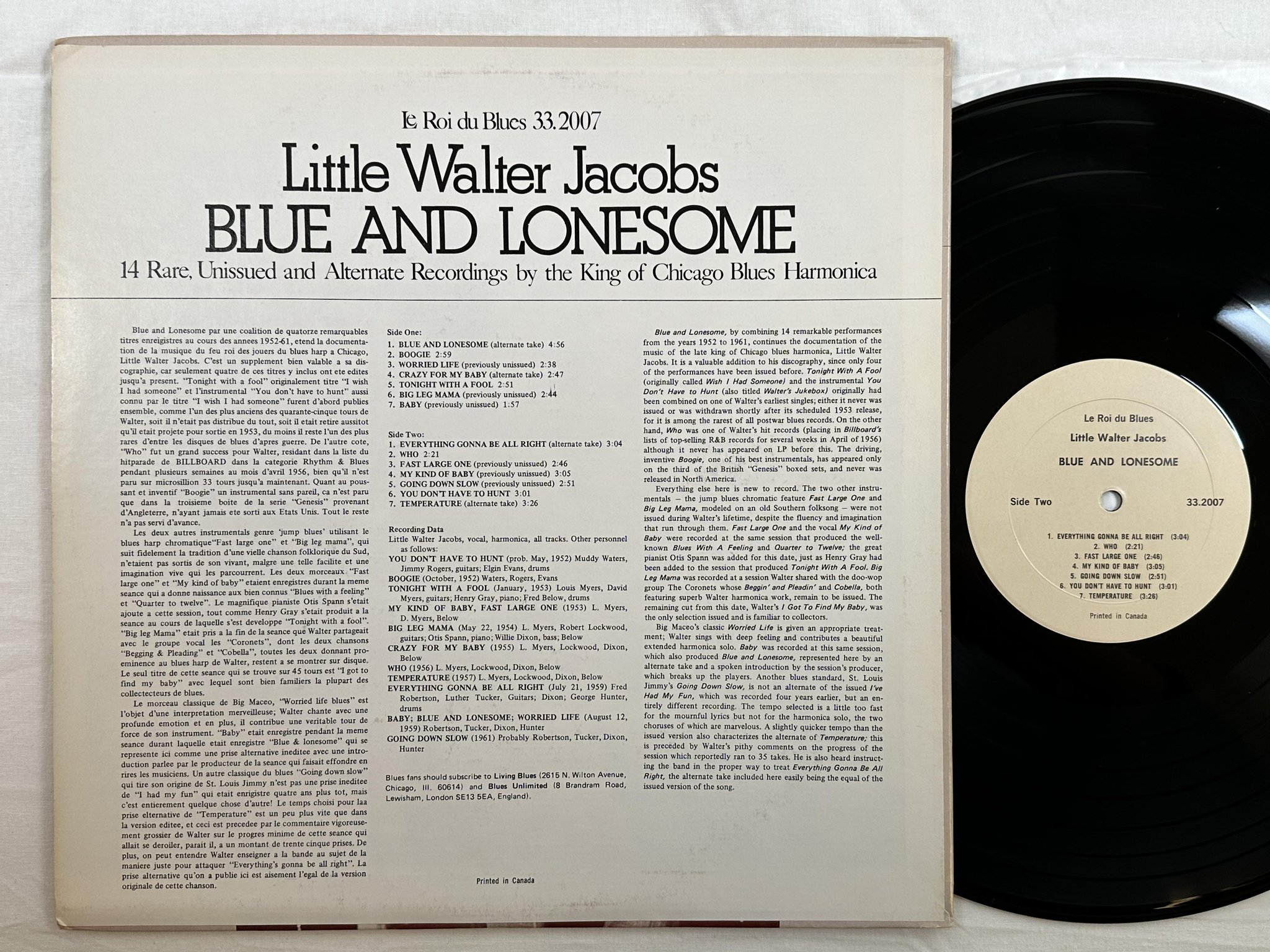 Omslagsbild för skivan LITTLE WALTER JACOBS Blue And Lonesome LP -78 LE ROI DU BLUES 33.2007
