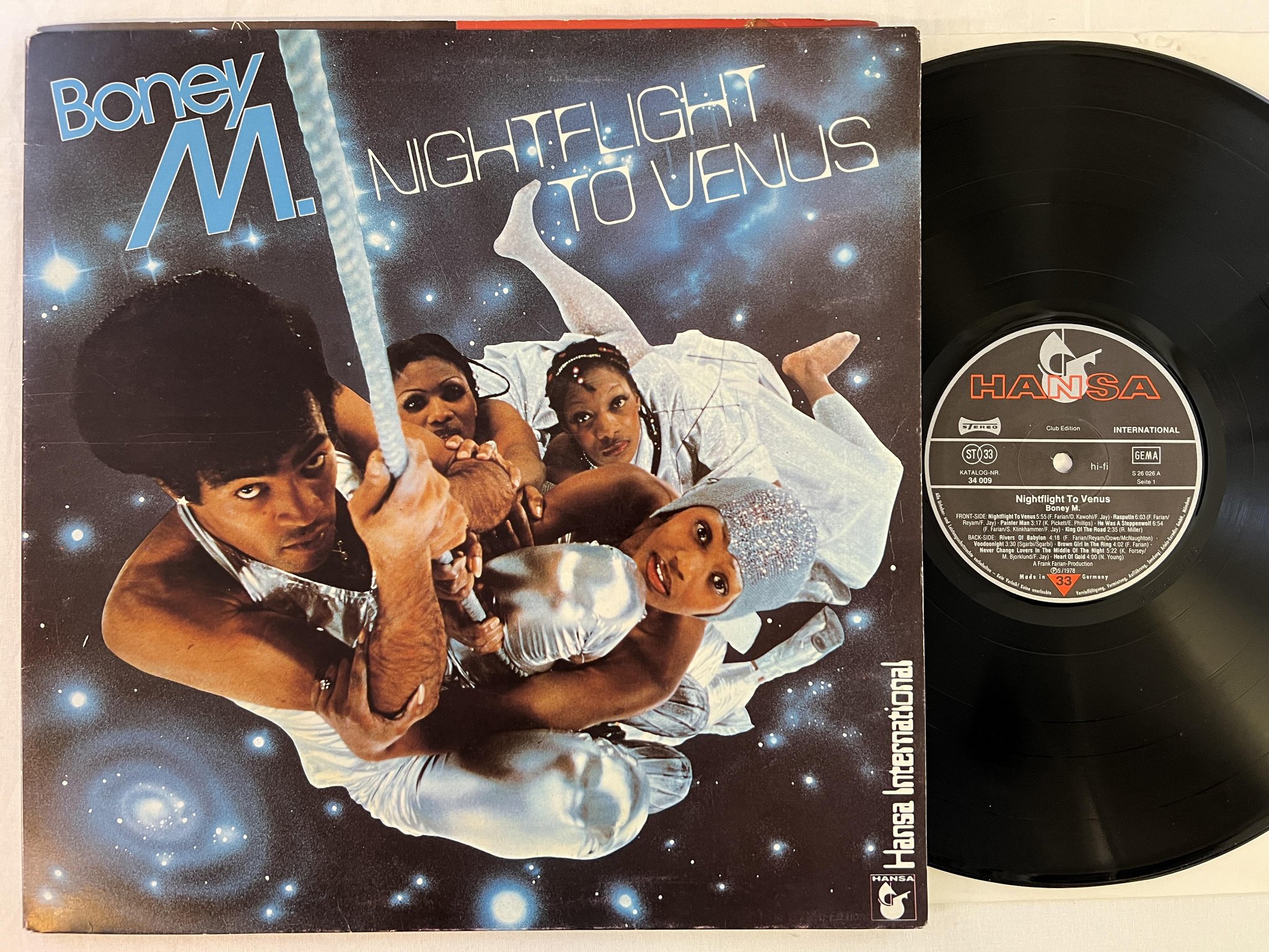 Omslagsbild för skivan BONNY M nightflight to venus LP -78 Ger HANSA 34009 w/ insert