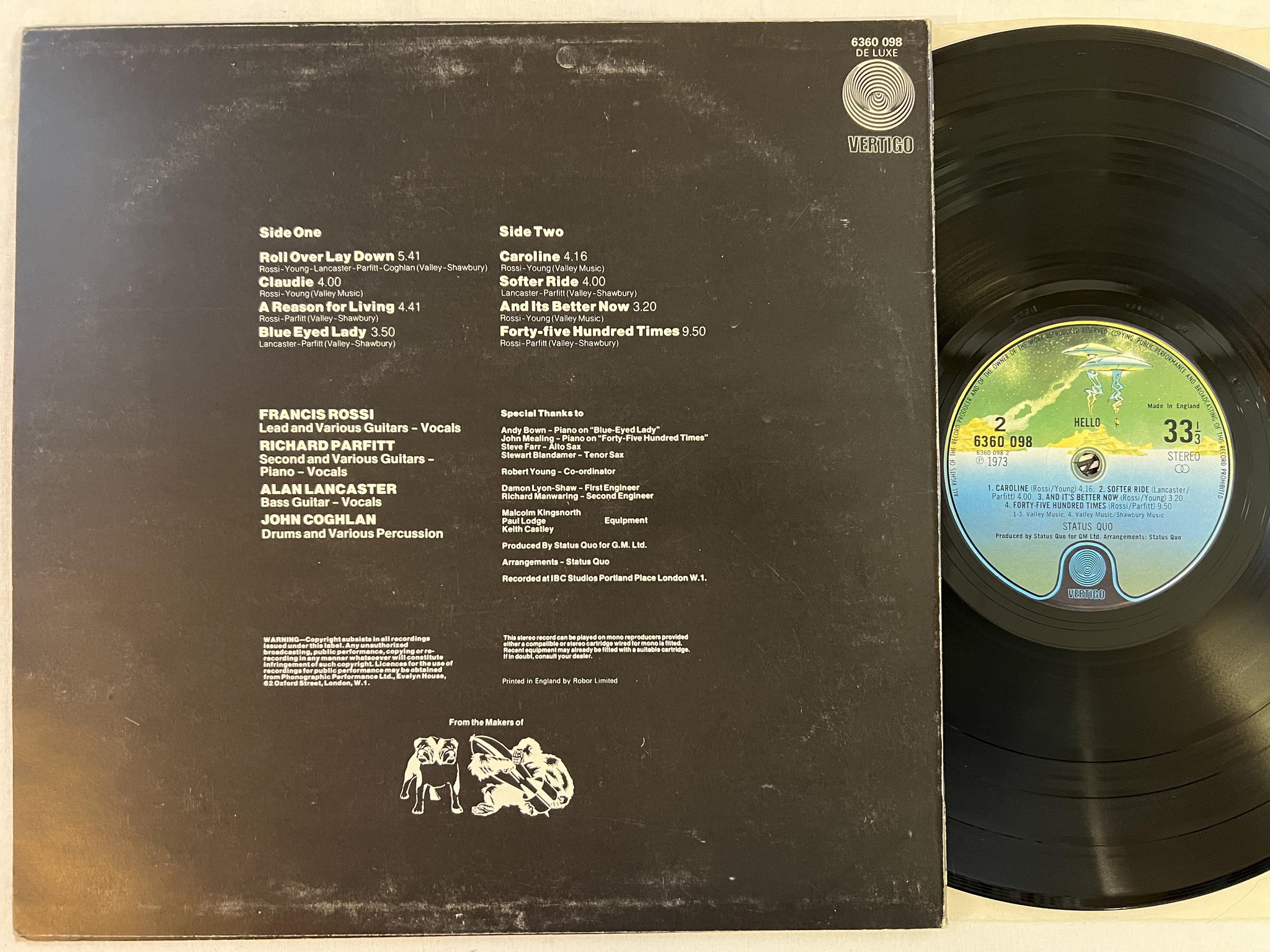 Omslagsbild för skivan STATUS QUO hello LP -73 UK vertigo 6360 098 *** w/ POSTER ***