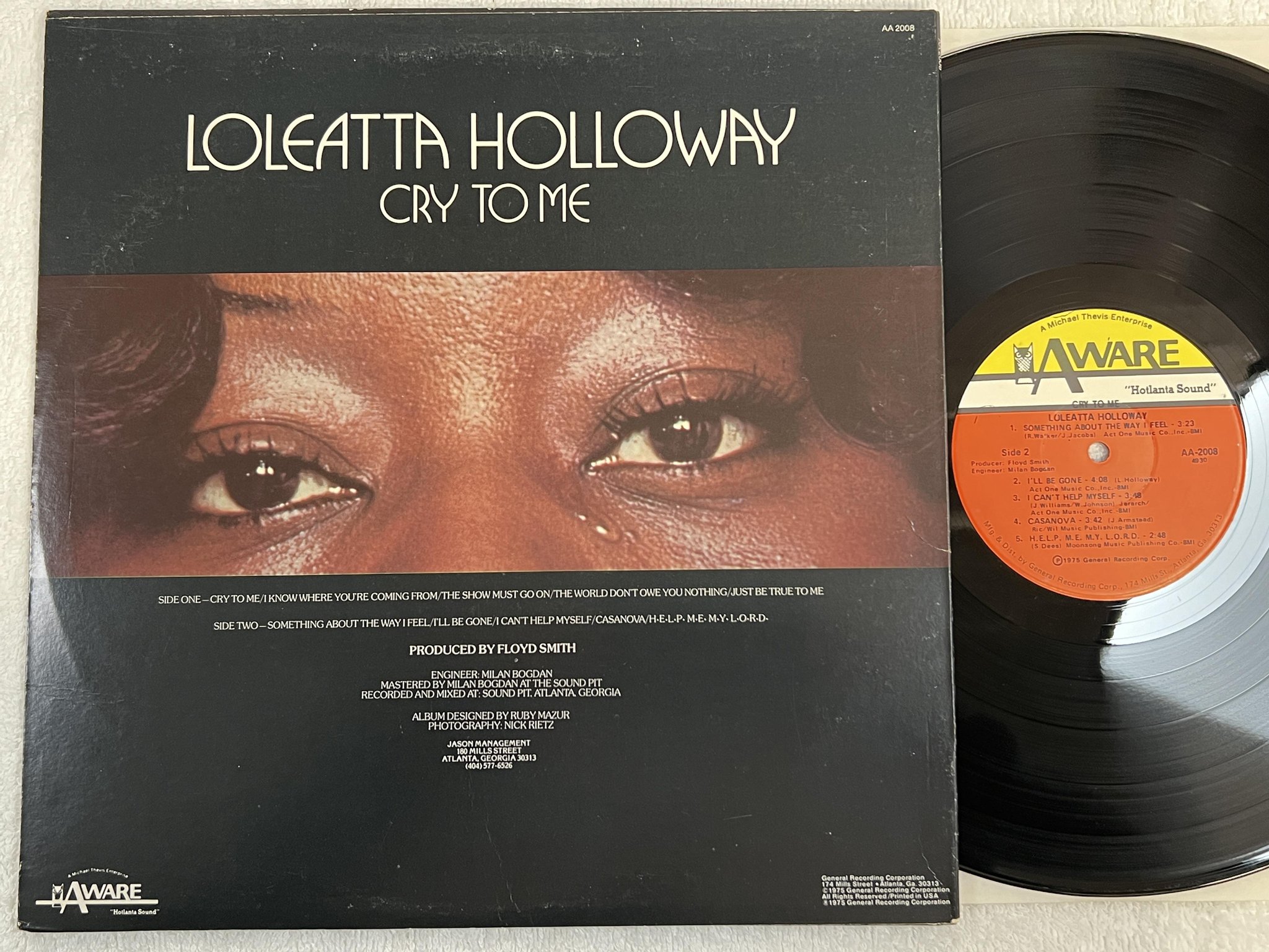 Omslagsbild för skivan LOLEATTA HOLLOWAY cry to me LP -75 US AWARE AA-2008 soul