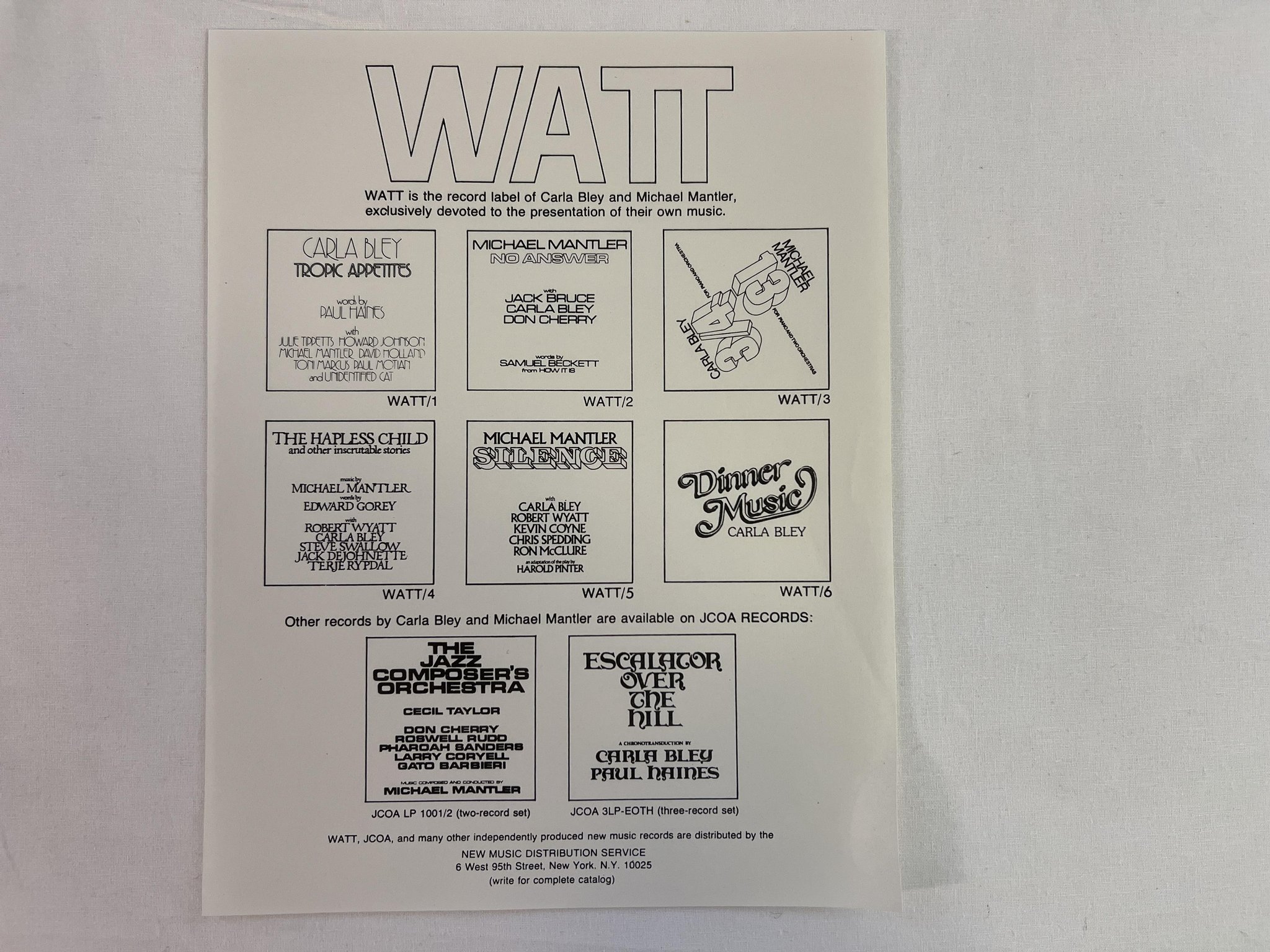 Omslagsbild för skivan CARLA BLEY dinner music LP -77 US WATT/6