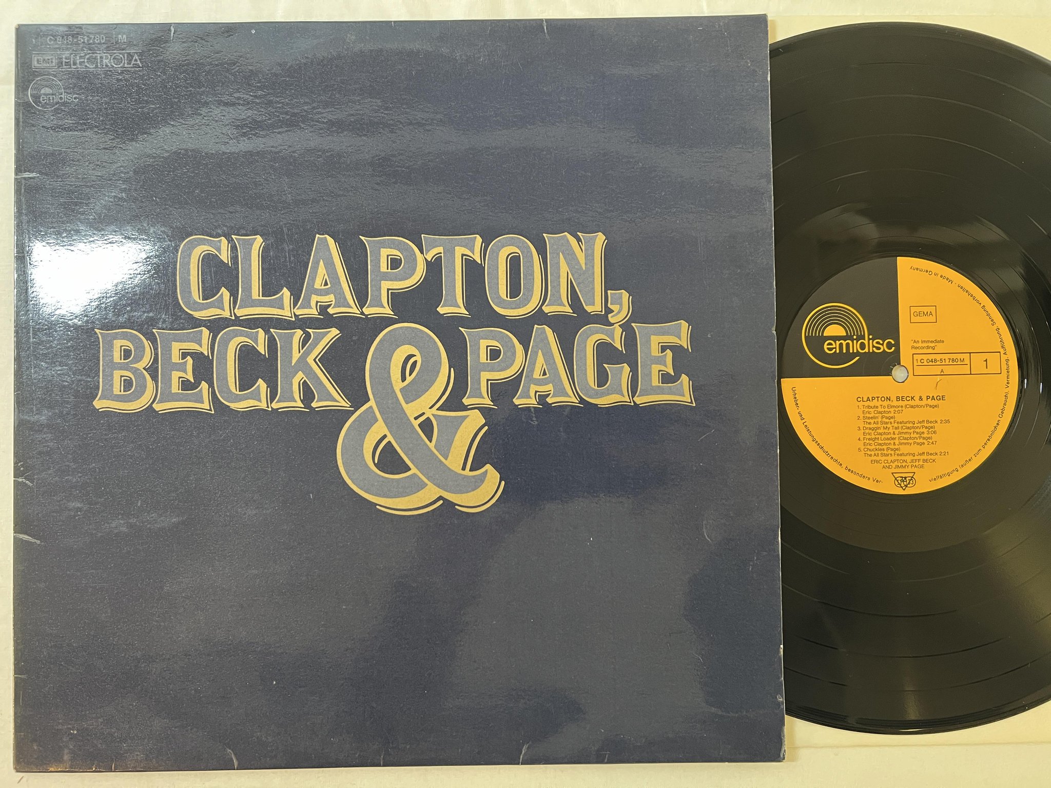 Omslagsbild för skivan CLAPTON BECK & PAGE s/t LP Ger EMIDISC 1C 048-51780 M