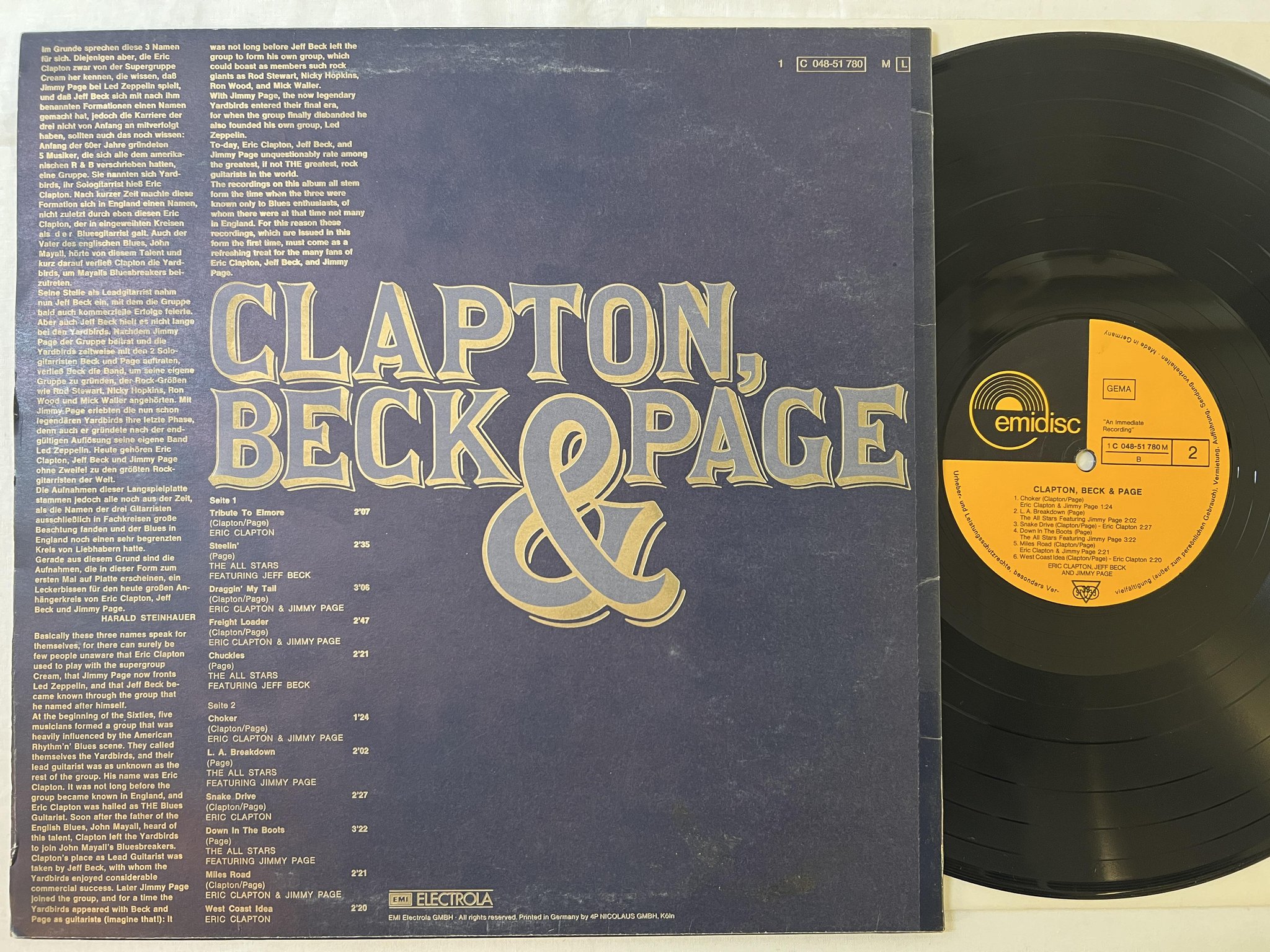 Omslagsbild för skivan CLAPTON BECK & PAGE s/t LP Ger EMIDISC 1C 048-51780 M
