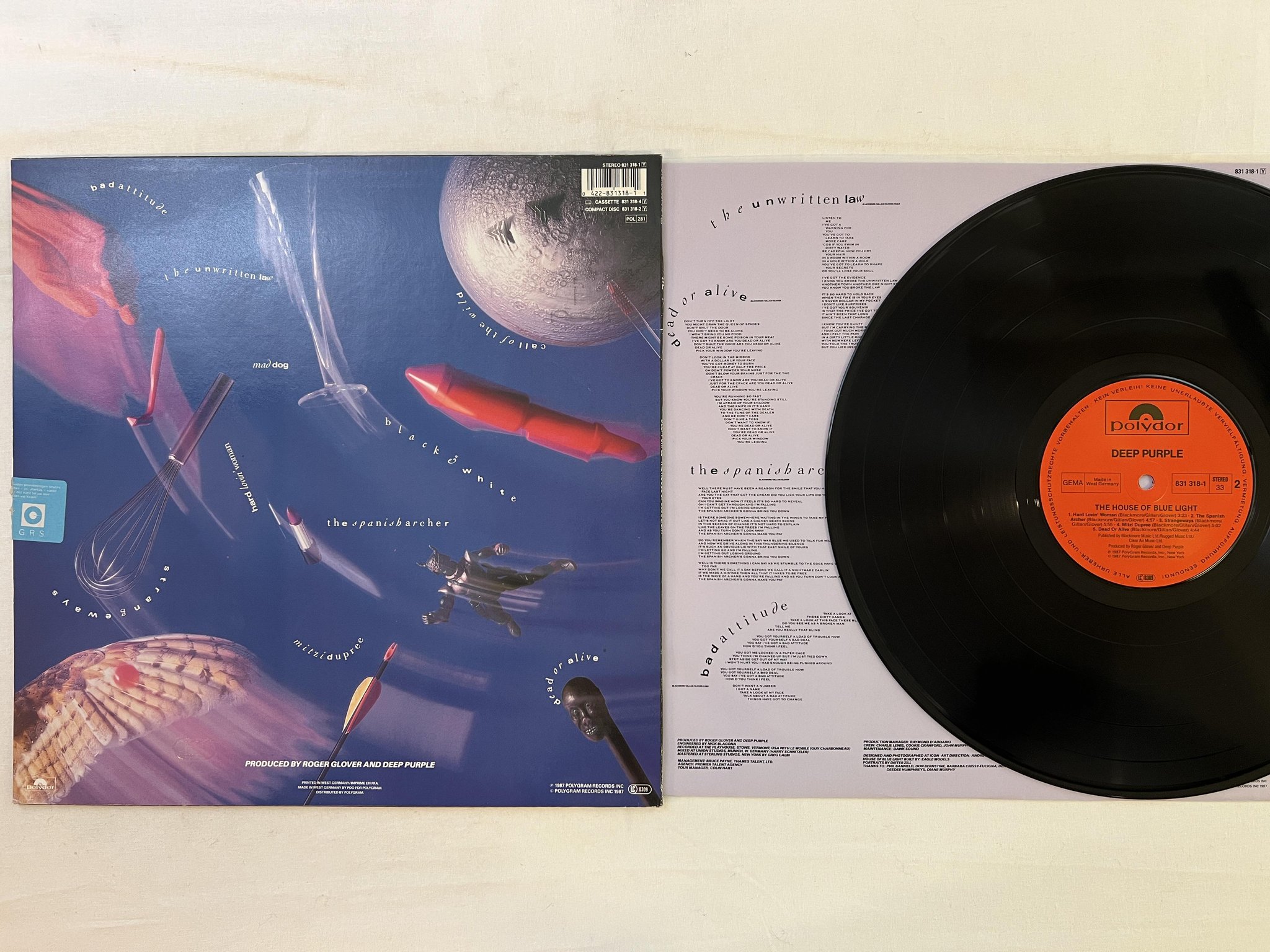 Omslagsbild för skivan DEEP PURPLE the house of blue light LP -87 Ger POLYDOR 831 318-1
