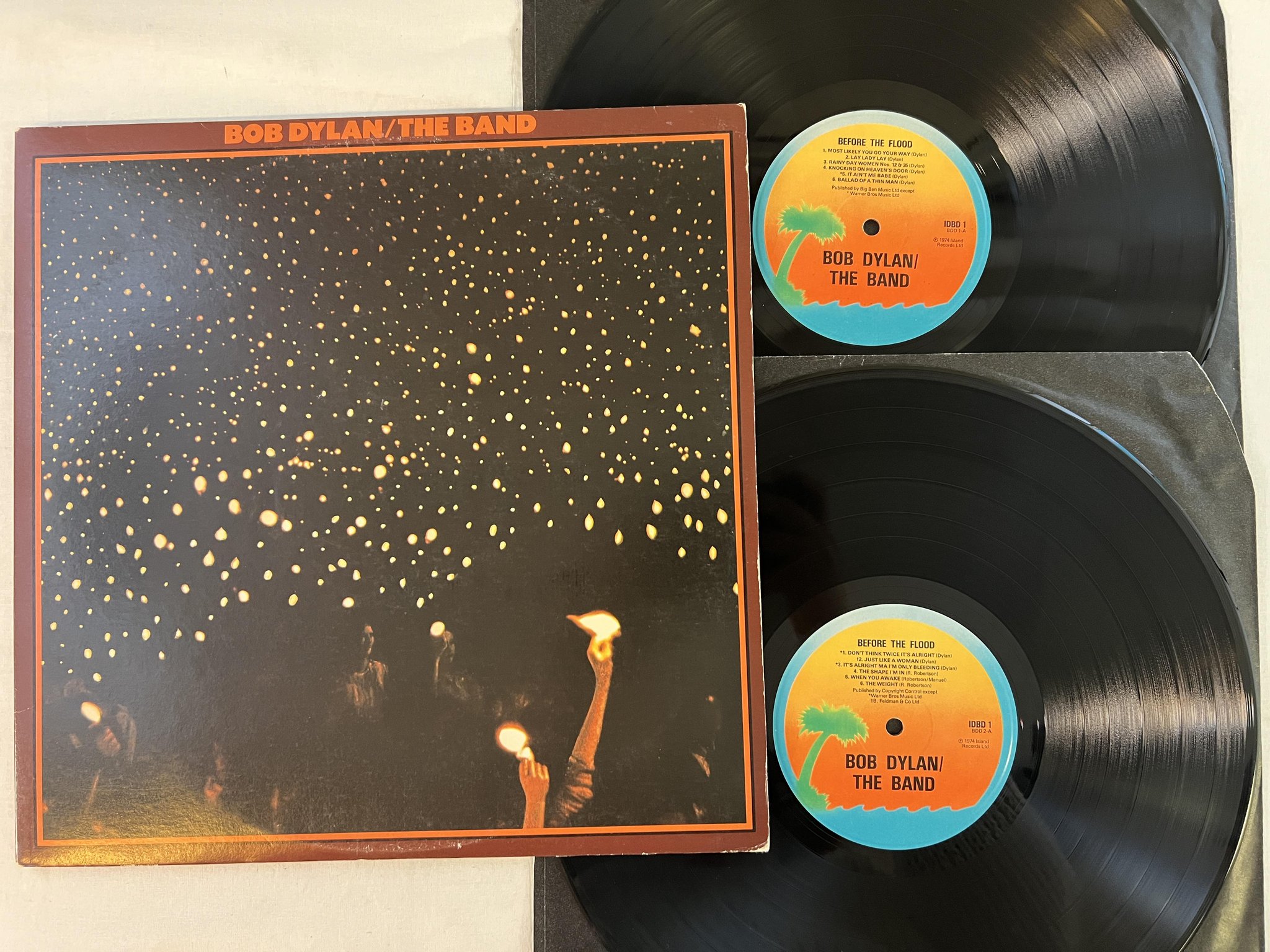 Omslagsbild för skivan BOB DYLAN / THE BAND before the flood LP -74 ISLAND IDBD 1