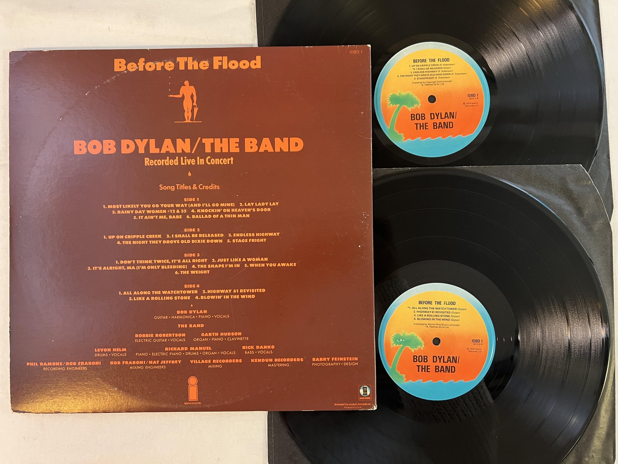 Omslagsbild för skivan BOB DYLAN / THE BAND before the flood LP -74 ISLAND IDBD 1