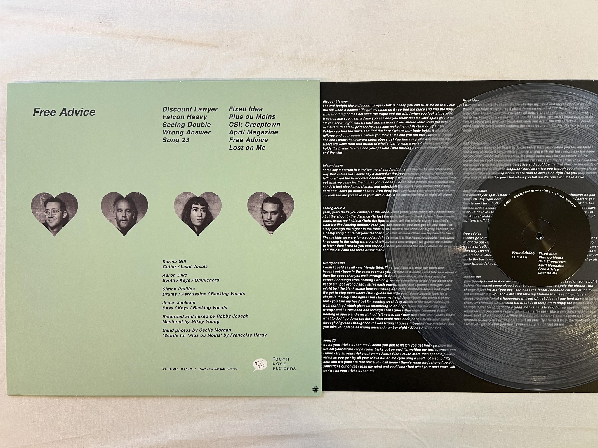 Omslagsbild för skivan CINDY free advice LP TOUGH LOVE RECORDS MTN-25 ** CLEAR VINYL **