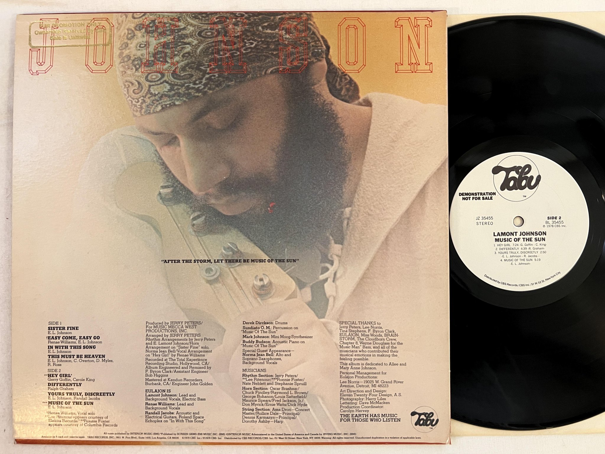 Omslagsbild för skivan LAMONT JOHNSON music of the sun LP -78 TABU JZ 35455 ** promo / soul **