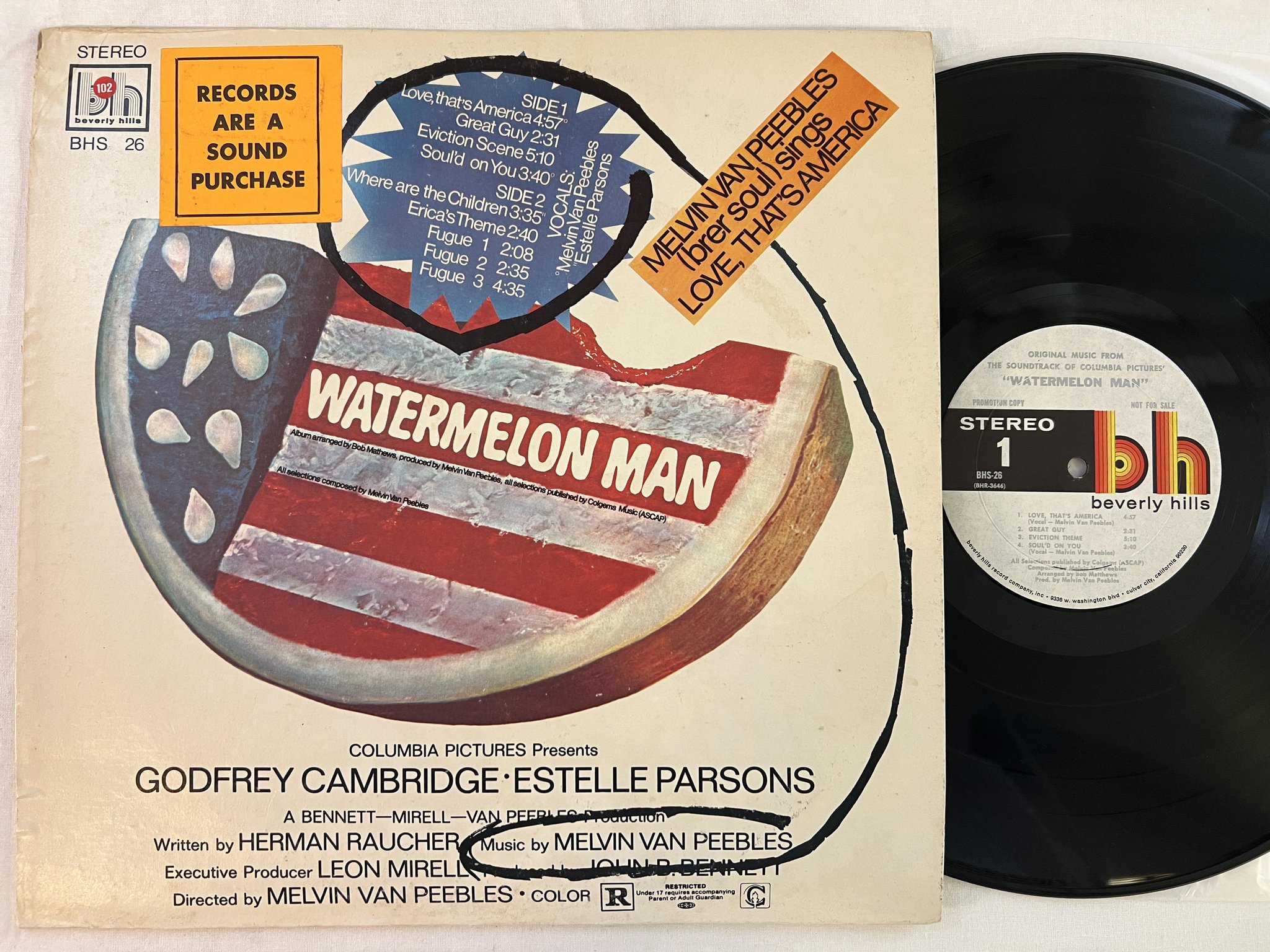 Omslagsbild för skivan MELVIN VAN PEEBLES watermelon man LP -70 US BEVERLY HILLS BHS 26 ** promo **