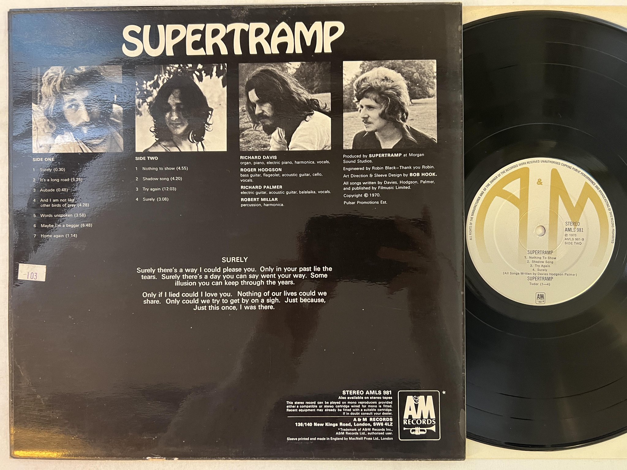 Omslagsbild för skivan SUPERTRAMP s/t LP -70 UK A&M AMLS 981