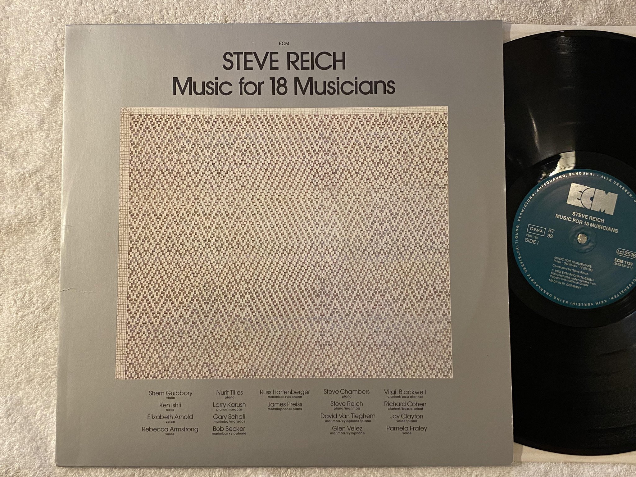 Omslagsbild för skivan STEVE REICH music for 18 musicians LP -78 Ger ECM 1129 **** RARE ****