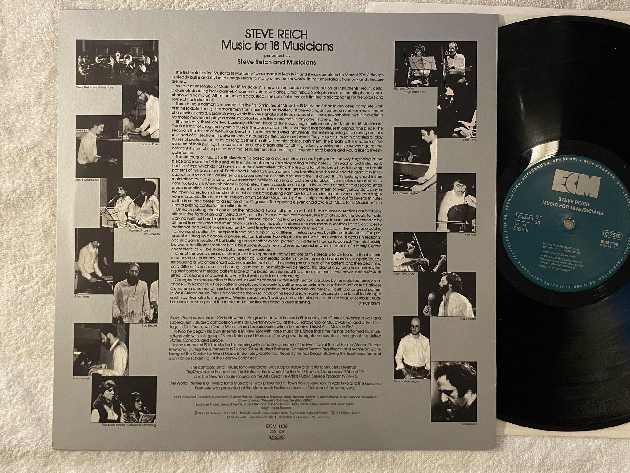 Omslagsbild för skivan STEVE REICH music for 18 musicians LP -78 Ger ECM 1129 **** RARE ****