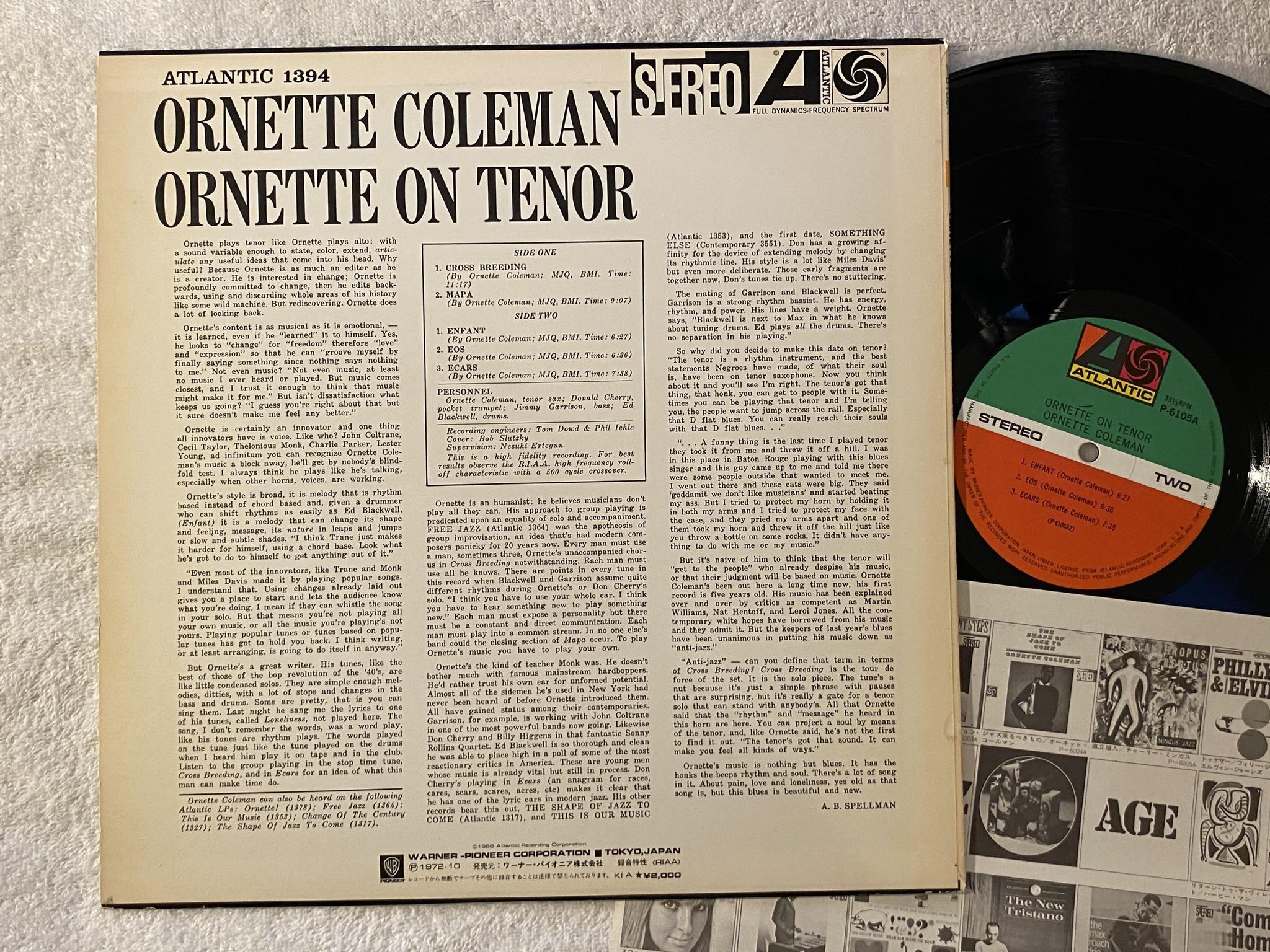 Omslagsbild för skivan ORNETTE COLEMAN Ornette on tenor LP Japan ATLANTIC P-6105