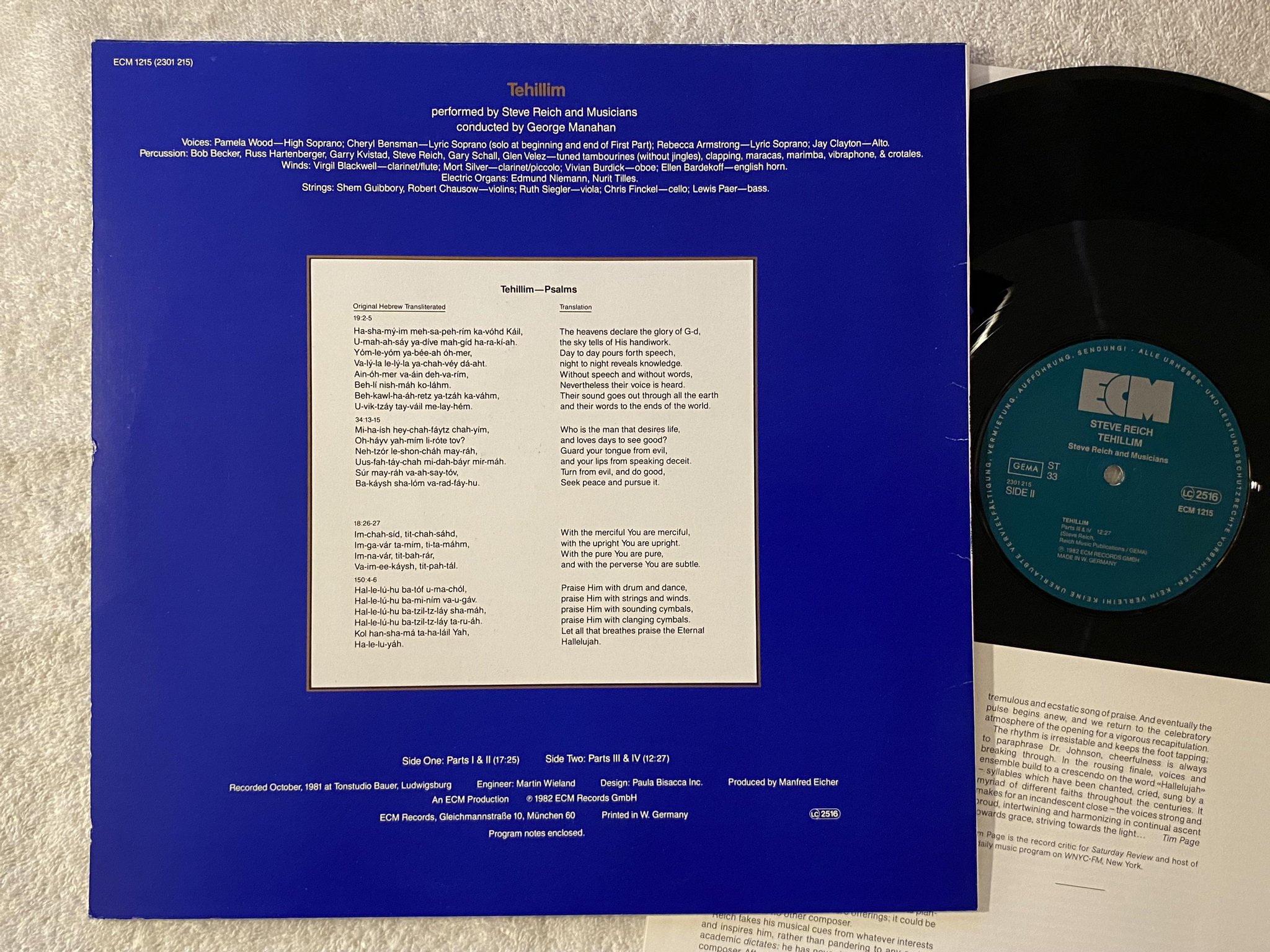 Omslagsbild för skivan STEVE REICH tehillim LP -82 Ger ECM 1215