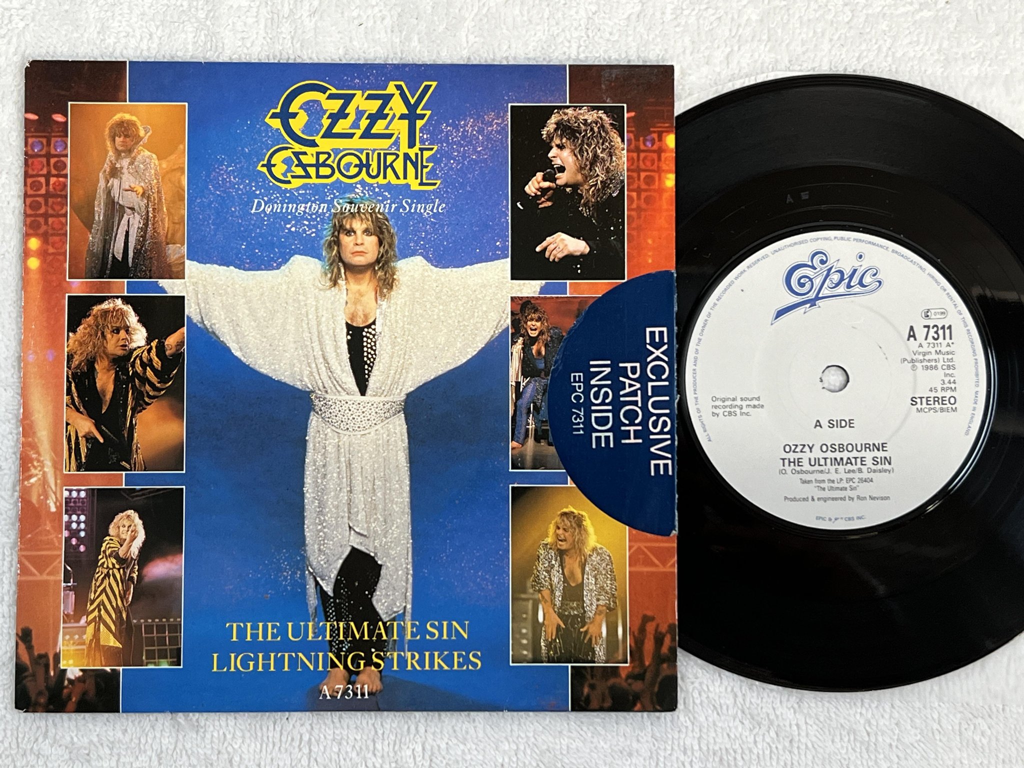 Omslagsbild för skivan OZZY OSBOURNE lightning strikes 7"single -86 UK EPIC A 7311 *** w/ PATCH ***