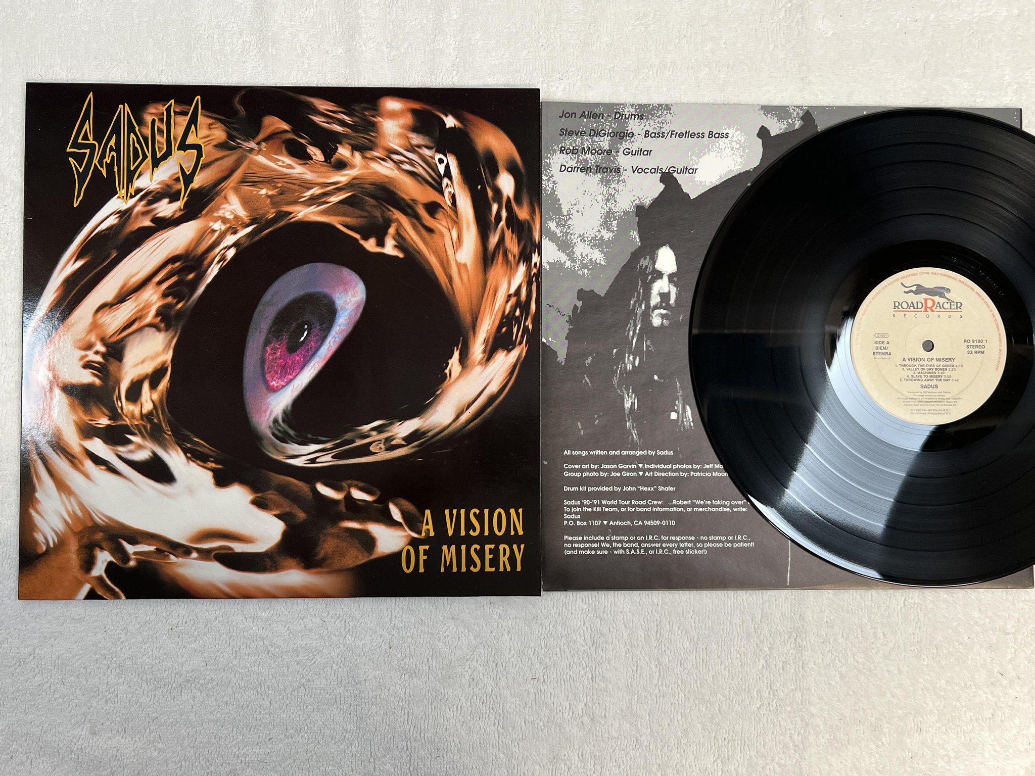 Omslagsbild för skivan SADUS A Vision Of Misery LP -92 Hol ROADRACER RO 9180 1 ** DEATH METAL **