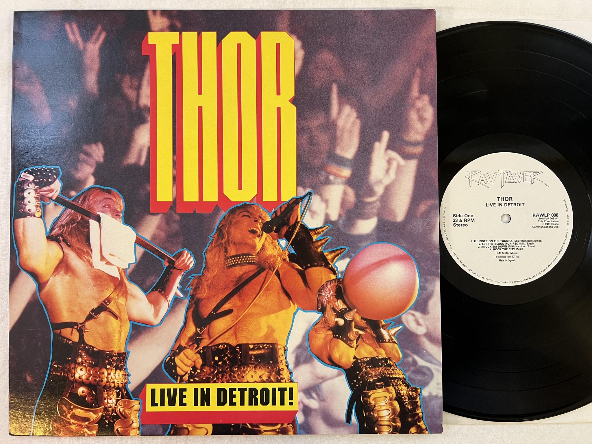 Omslagsbild för skivan THOR Live In Detroit LP -85 UK RAW POWER RAWLP 008