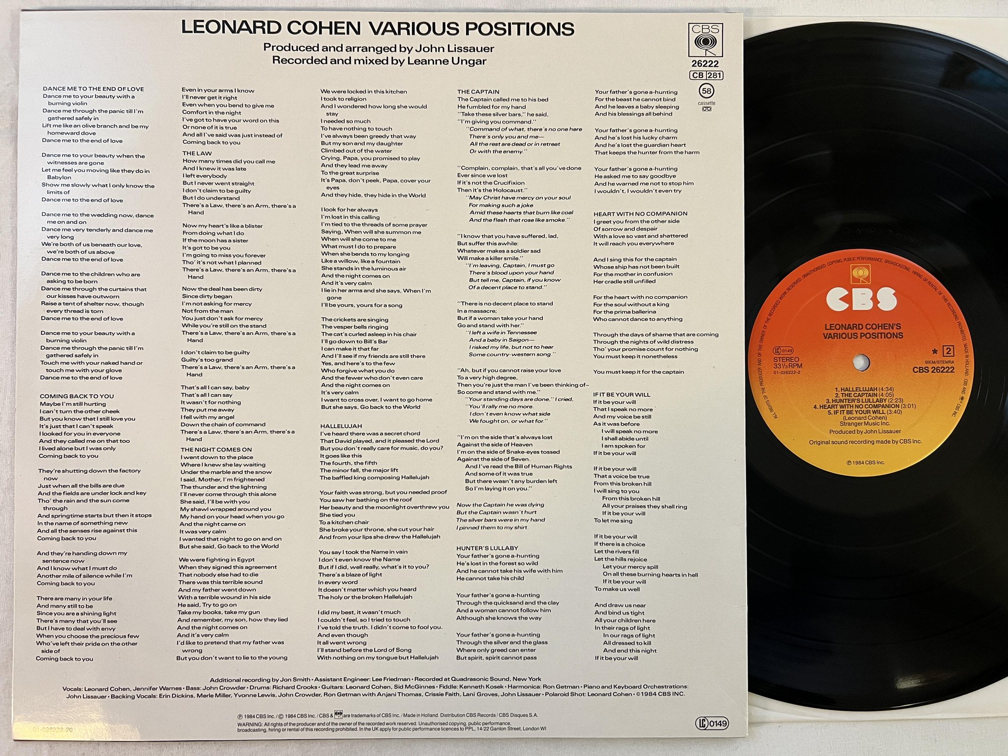 Omslagsbild för skivan LEONARD COHEN'S various positions LP -84 Hol CBS 26222