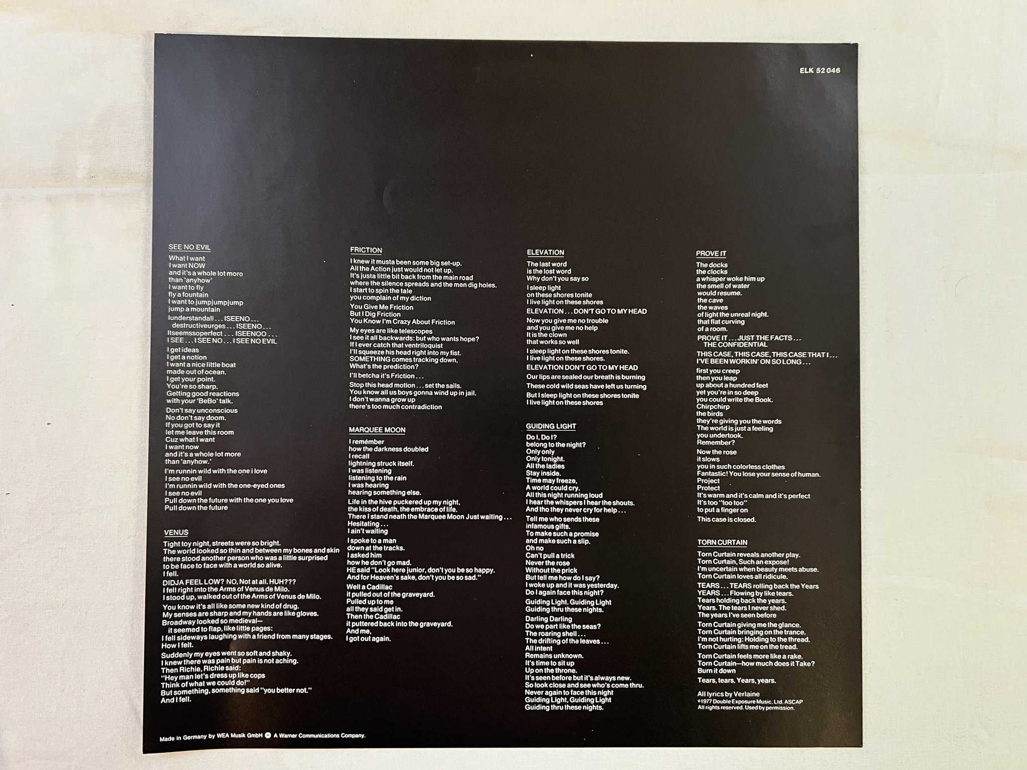 Omslagsbild för skivan TELEVISION marquee moon LP Ger ELEKTRA K 52 046 *** CLASSIC ***