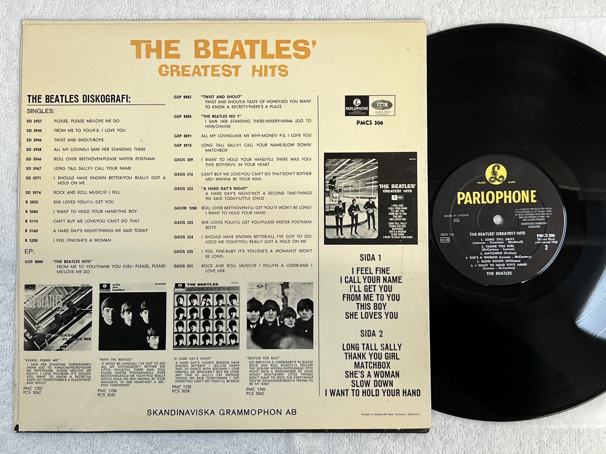 Omslagsbild för skivan THE BEATLES greatest hits LP -65 Sweden PARLOPHONE PMCS 306