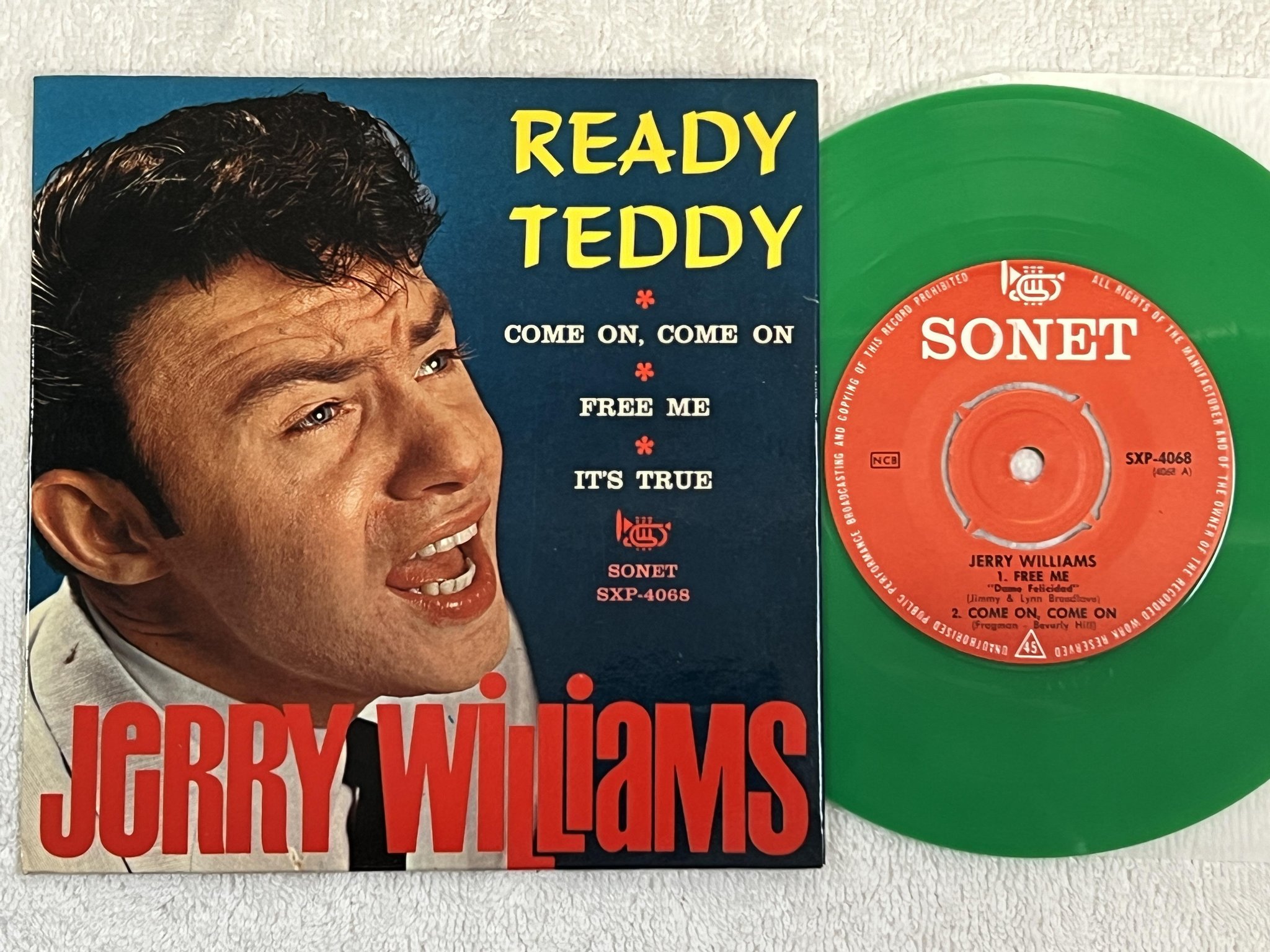 Omslagsbild för skivan JERRY WILLIAMS Ready Teddy 7"EP -64 Swe SONET SXP-4068 *** GREEN VINYL ***