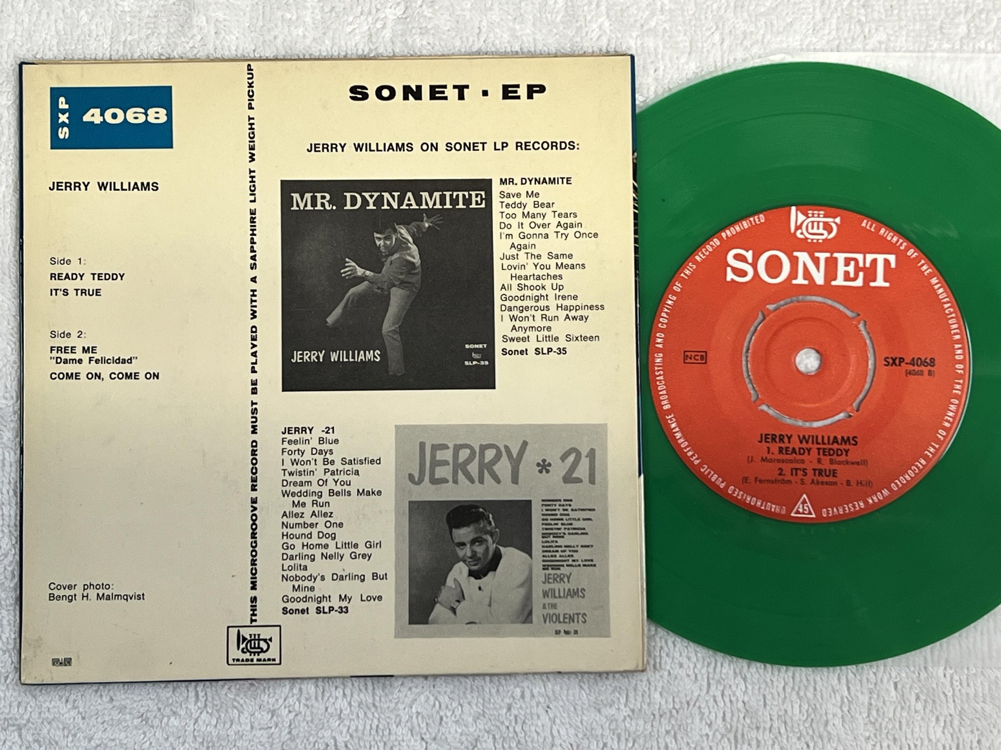Omslagsbild för skivan JERRY WILLIAMS Ready Teddy 7"EP -64 Swe SONET SXP-4068 *** GREEN VINYL ***