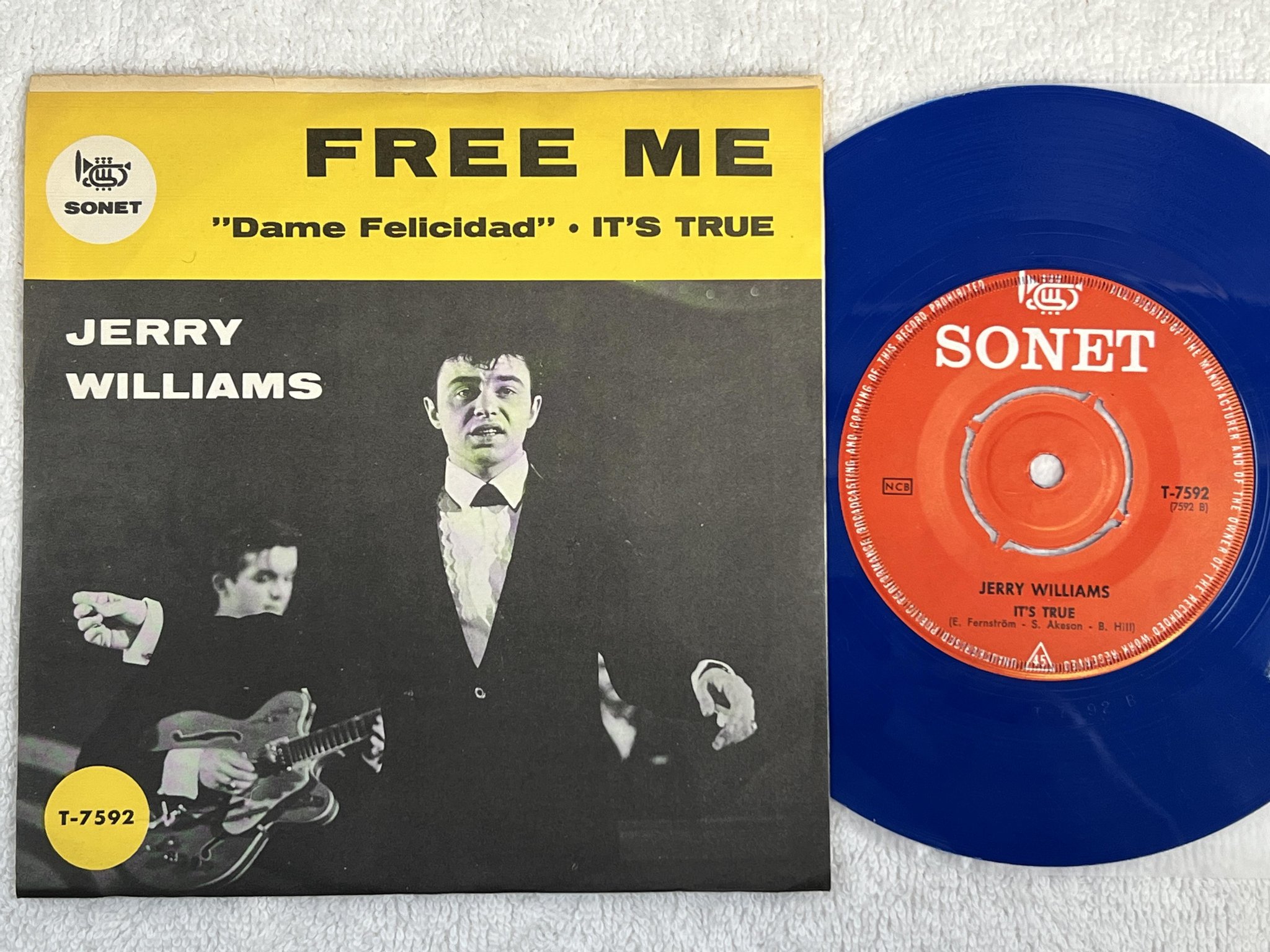Omslagsbild för skivan JERRY WILLIAMS Free Me 7" -64 Swe SONET T-7592 *** Blue vinyl ***