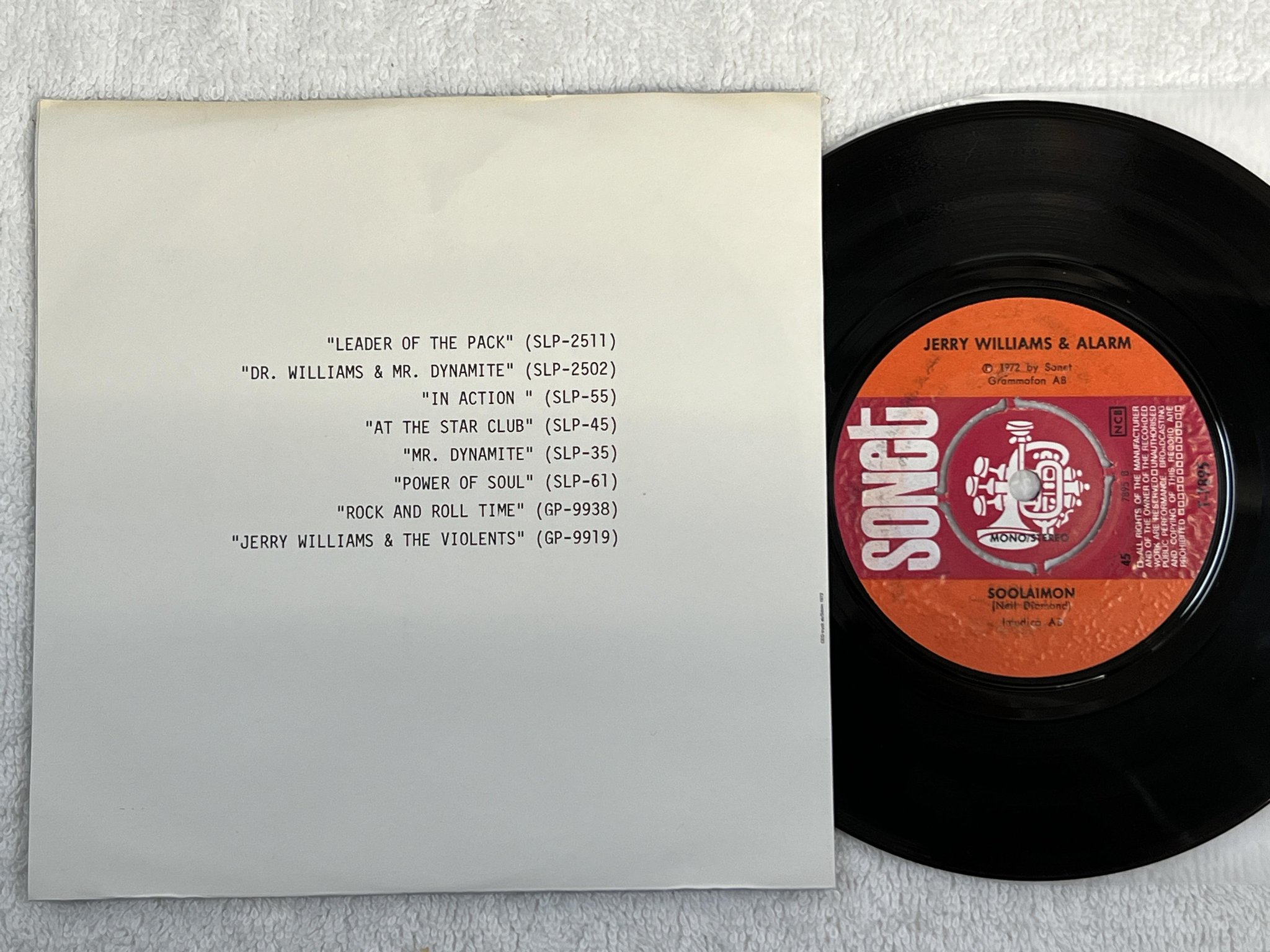 Omslagsbild för skivan JERRY WILLIAMS & ALARM Mr bus driver 7" -72 Swe SONET T-7895