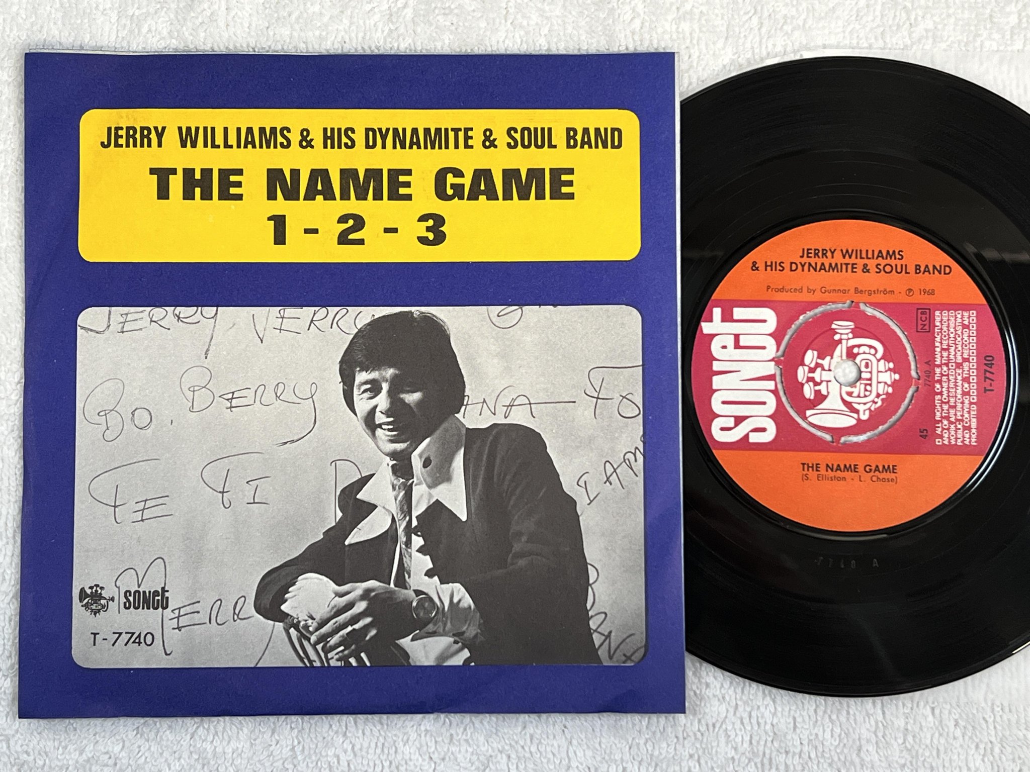 Omslagsbild för skivan JERRY WILLIAMS & HIS DYNAMITE & SOUL BAND the name game 7" -68 SONET T-7740