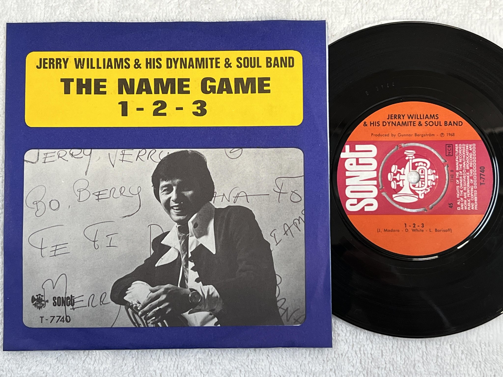 Omslagsbild för skivan JERRY WILLIAMS & HIS DYNAMITE & SOUL BAND the name game 7" -68 SONET T-7740