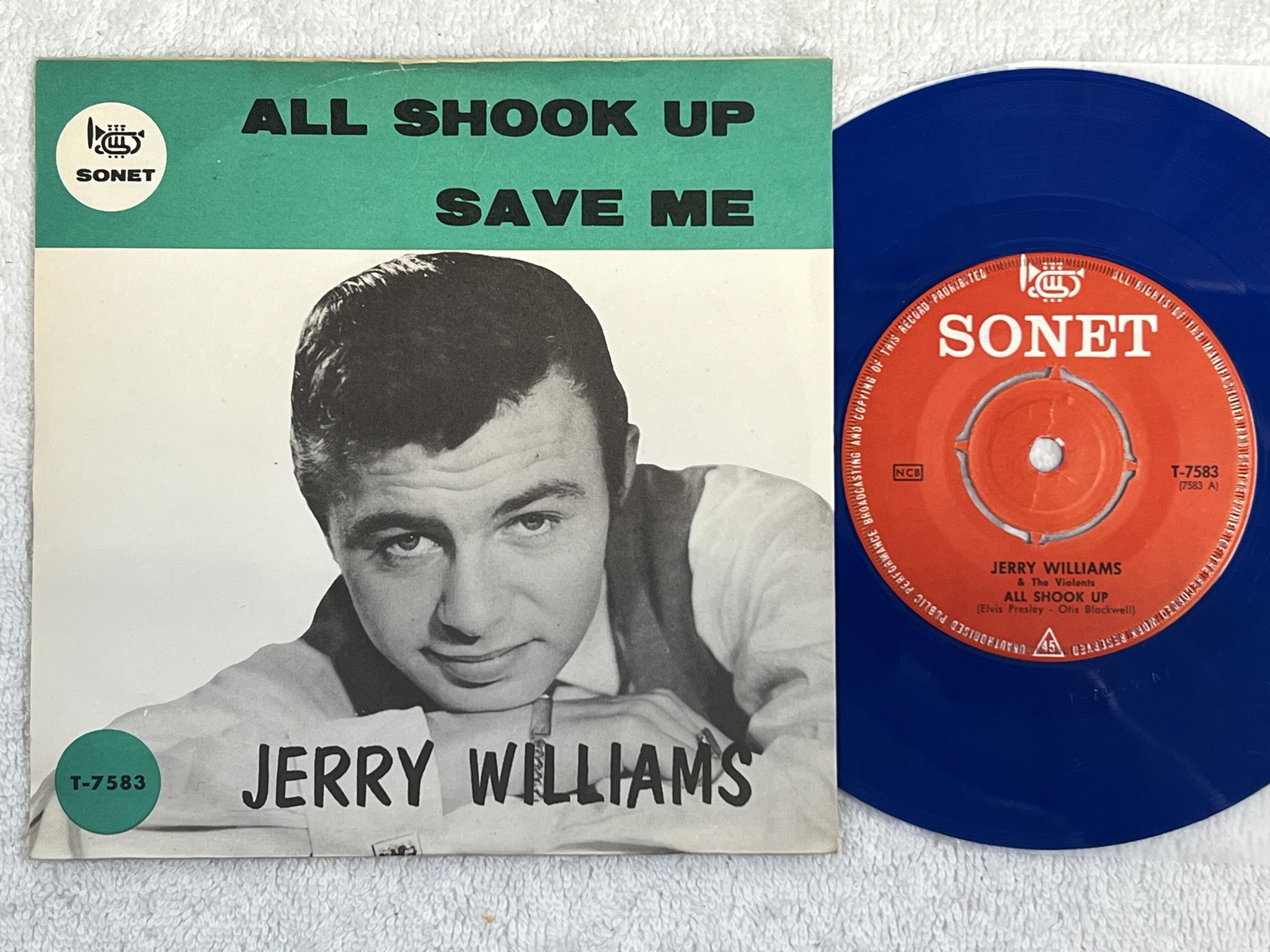 Omslagsbild för skivan JERRY WILLIAMS All Shook Up 7" -64 Swe SONET T-7583 *** Blue vinyl ***