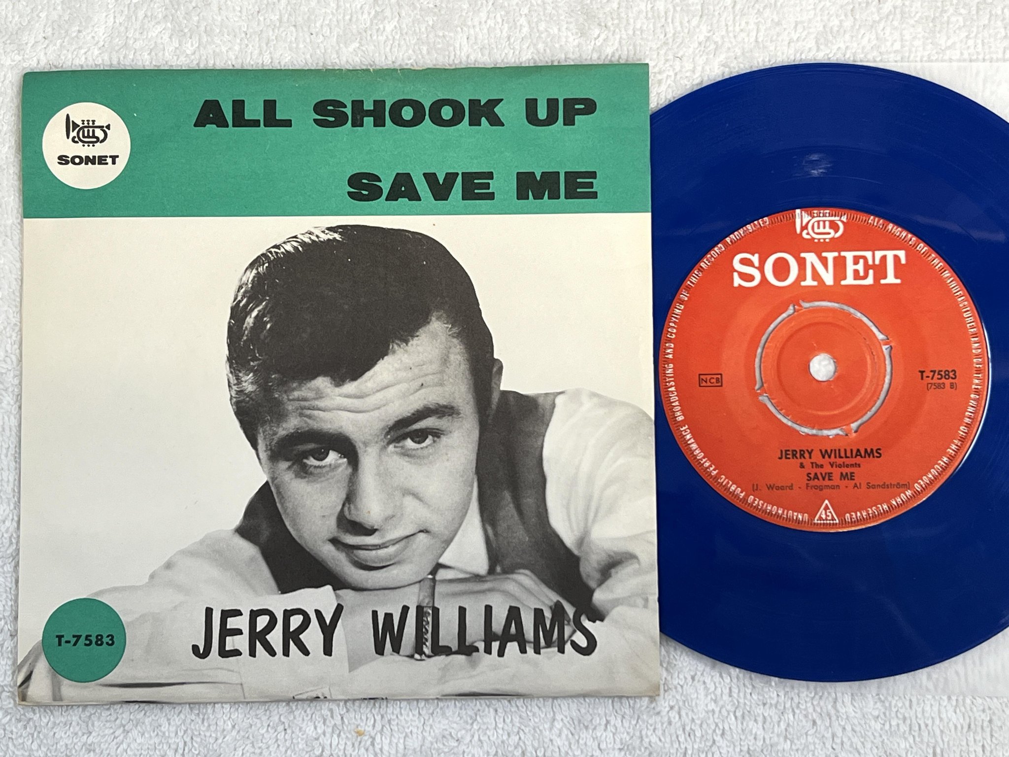 Omslagsbild för skivan JERRY WILLIAMS All Shook Up 7" -64 Swe SONET T-7583 *** Blue vinyl ***
