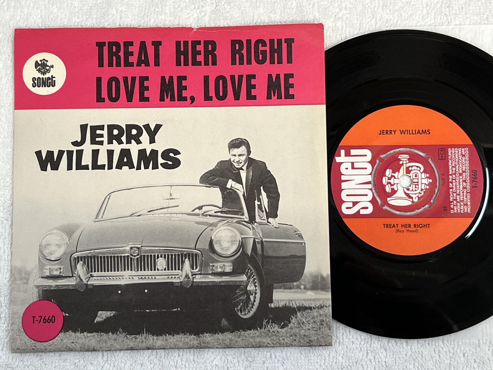 Omslagsbild för skivan JERRY WILLIAMS treat her right 7" -66 Swe SONET T-7660 *** purple bar ***