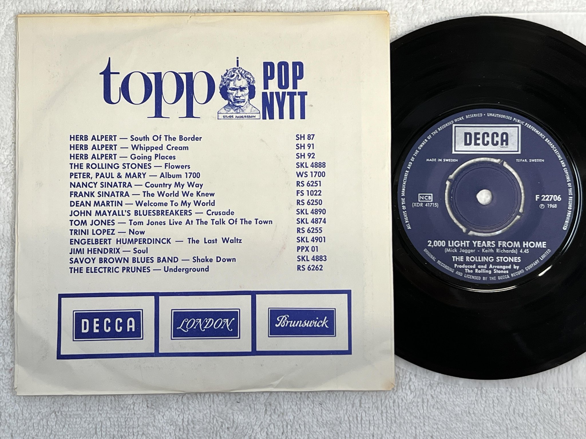 Omslagsbild för skivan THE ROLLING STONES She's A Rainbow 7" -68 Swe DECCA F 22706