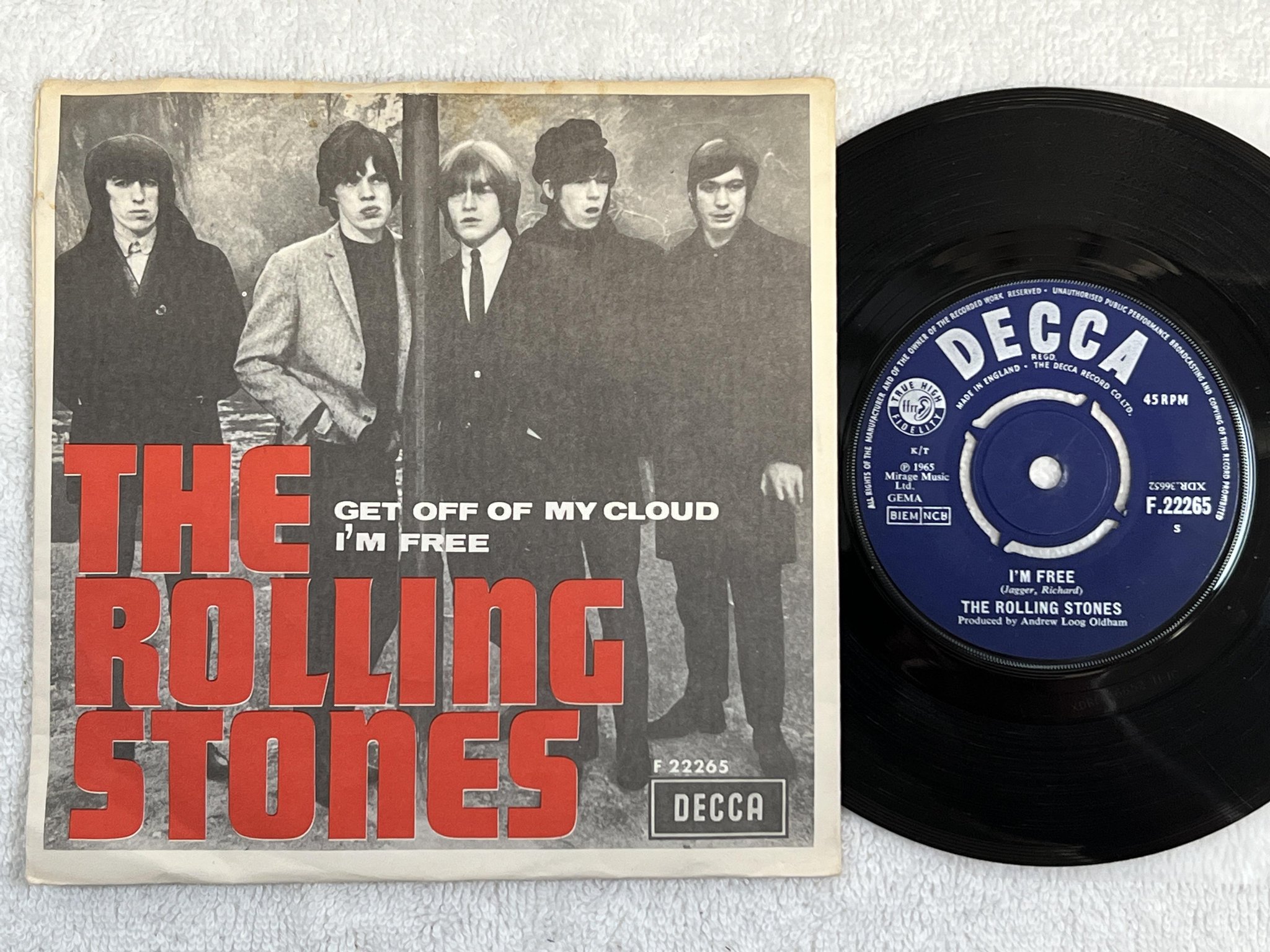 Omslagsbild för skivan THE ROLLING STONES get off my cloud 7" -65 Swe DECCA F 22265