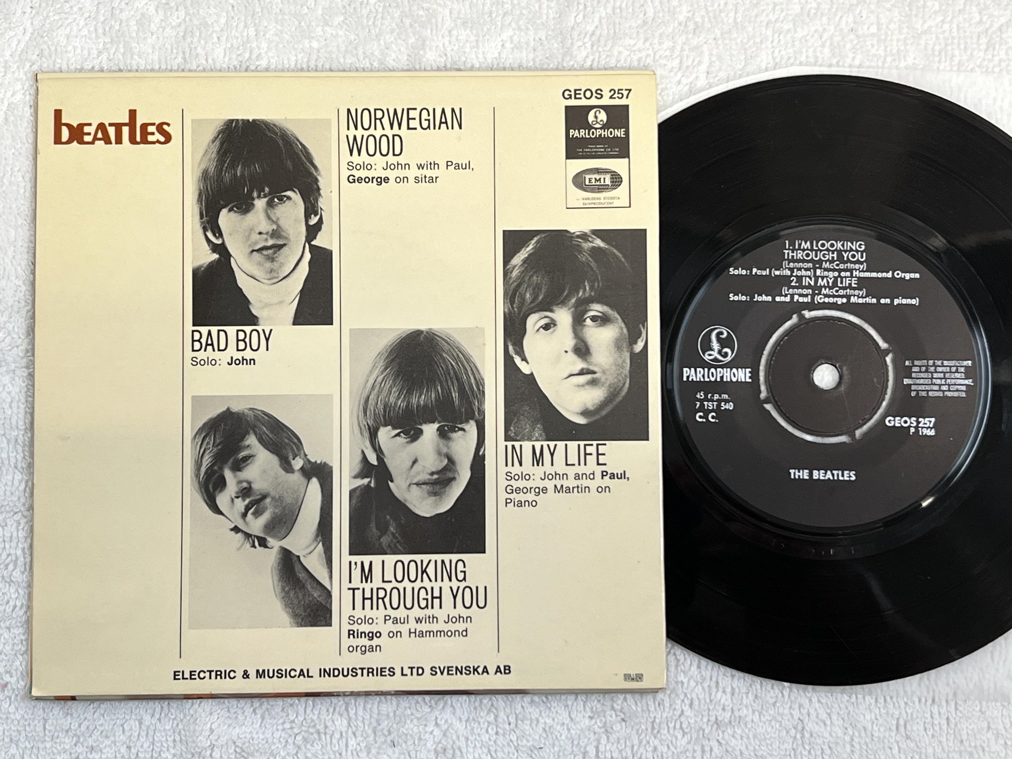Omslagsbild för skivan THE BEATLES bad boy 7"ep -66 Swe PARLOPHONE GEOS 257 *All rights...*