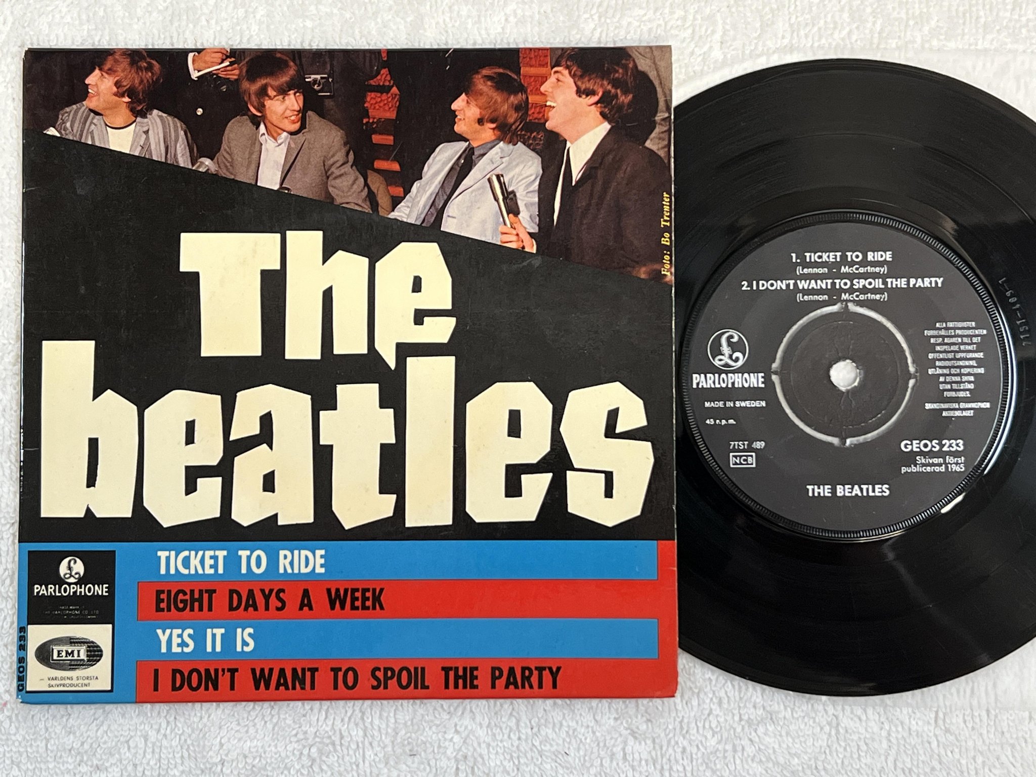 Omslagsbild för skivan THE BEATLES ticket to ride 7" -65 Swe PARLOPHONE GEOS 233