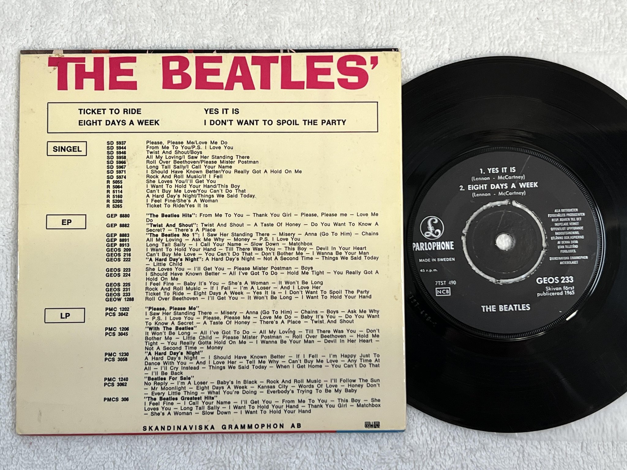 Omslagsbild för skivan THE BEATLES ticket to ride 7" -65 Swe PARLOPHONE GEOS 233