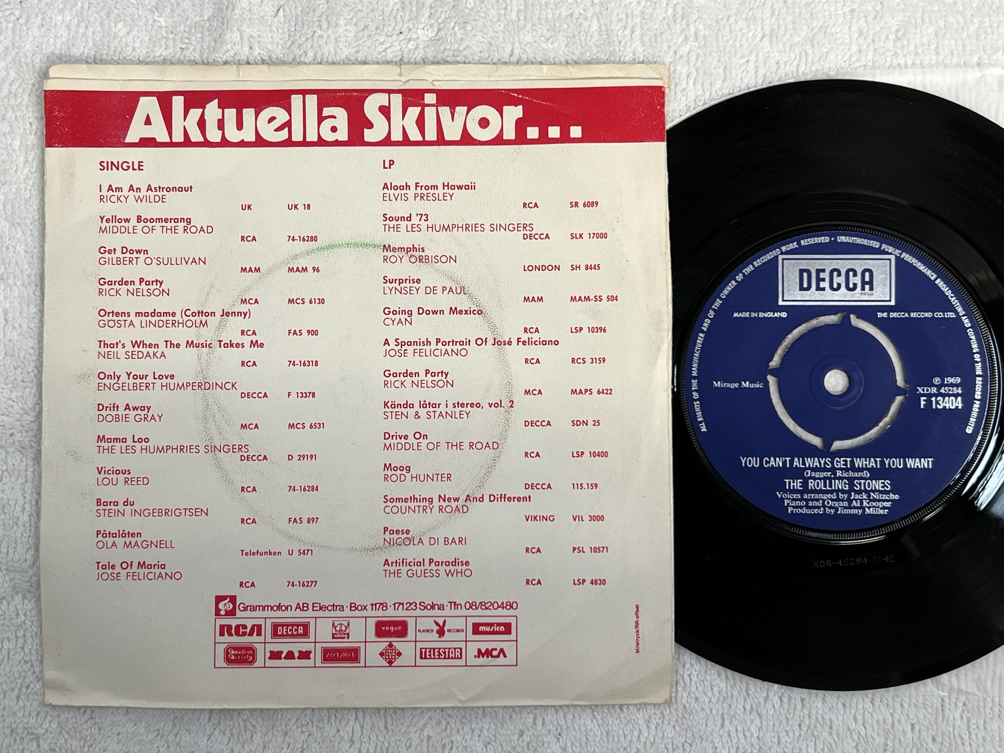 Omslagsbild för skivan THE ROLLING STONES sad day 7" -69 Swe DECCA F 13404 *** rare ***