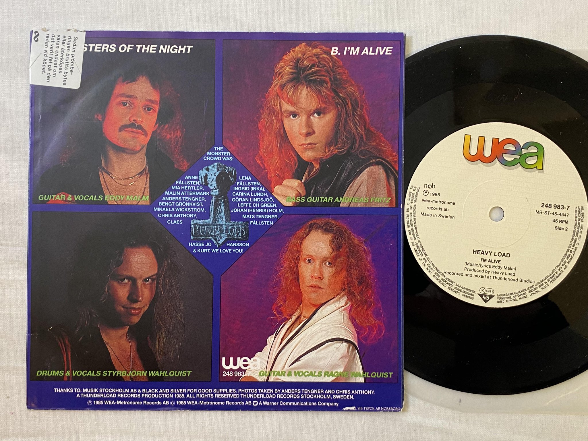 Omslagsbild för skivan HEAVY LOAD Monsters Of The Night 7" -85 Swe WEA 248983-7 *** RARE METAL ***