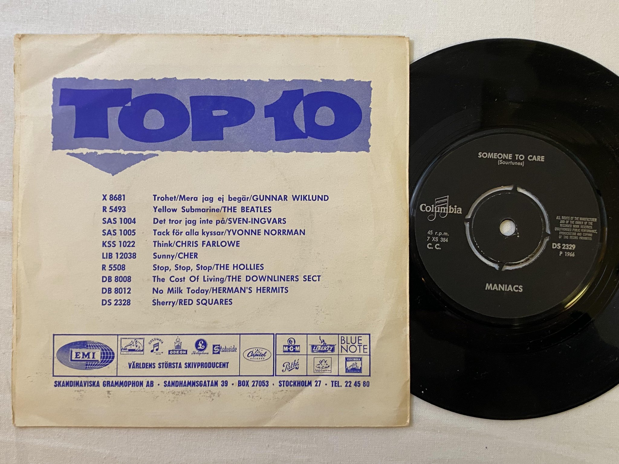 Omslagsbild för skivan MANIACS don't worry baby 7" -66 Swe COLUMBIA DS 2329